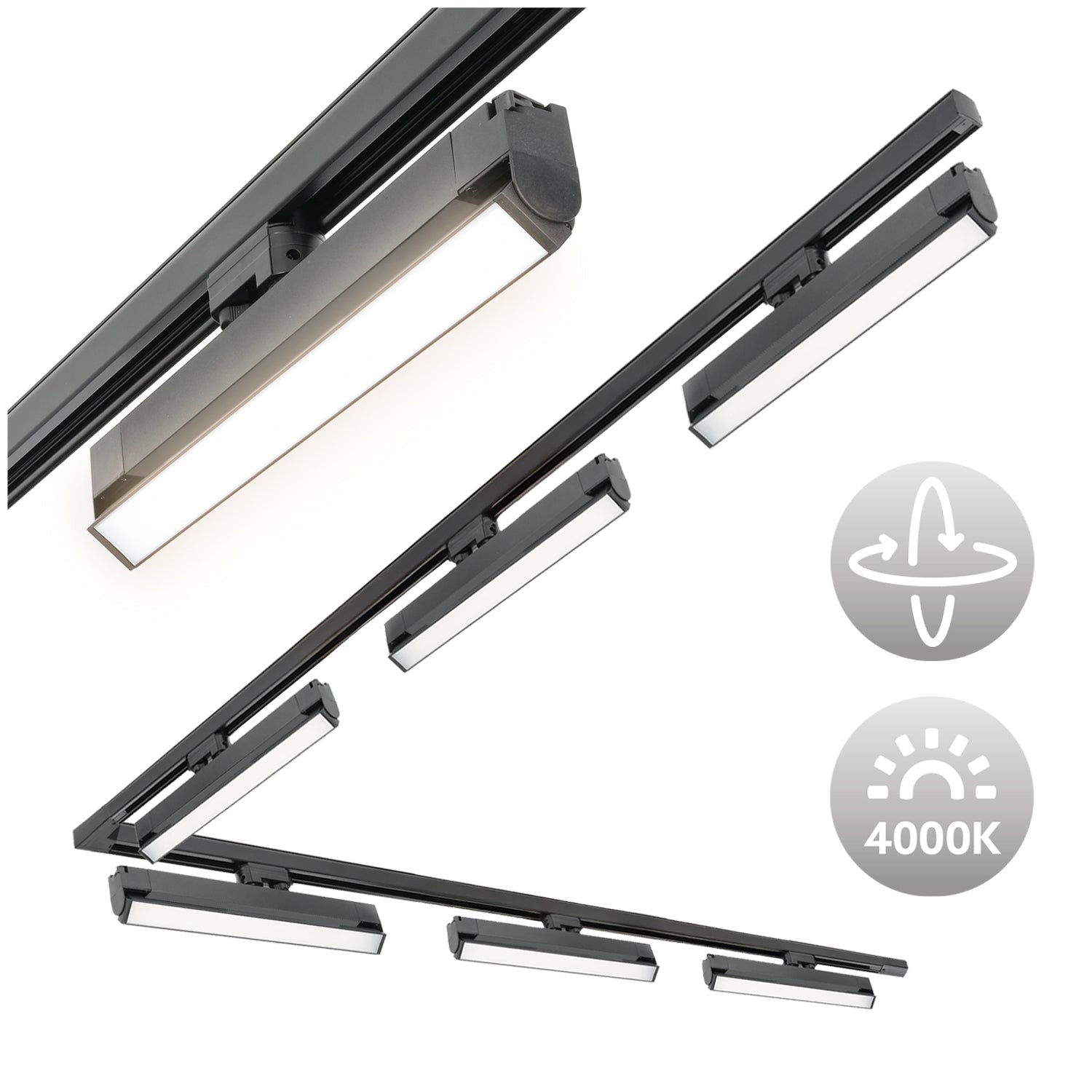 Zestaw szynowy 3 fazowy szyna 2m+2m, 6x Lampa FLEX 36W, łącznik L CZARNY komplet - LAITICA