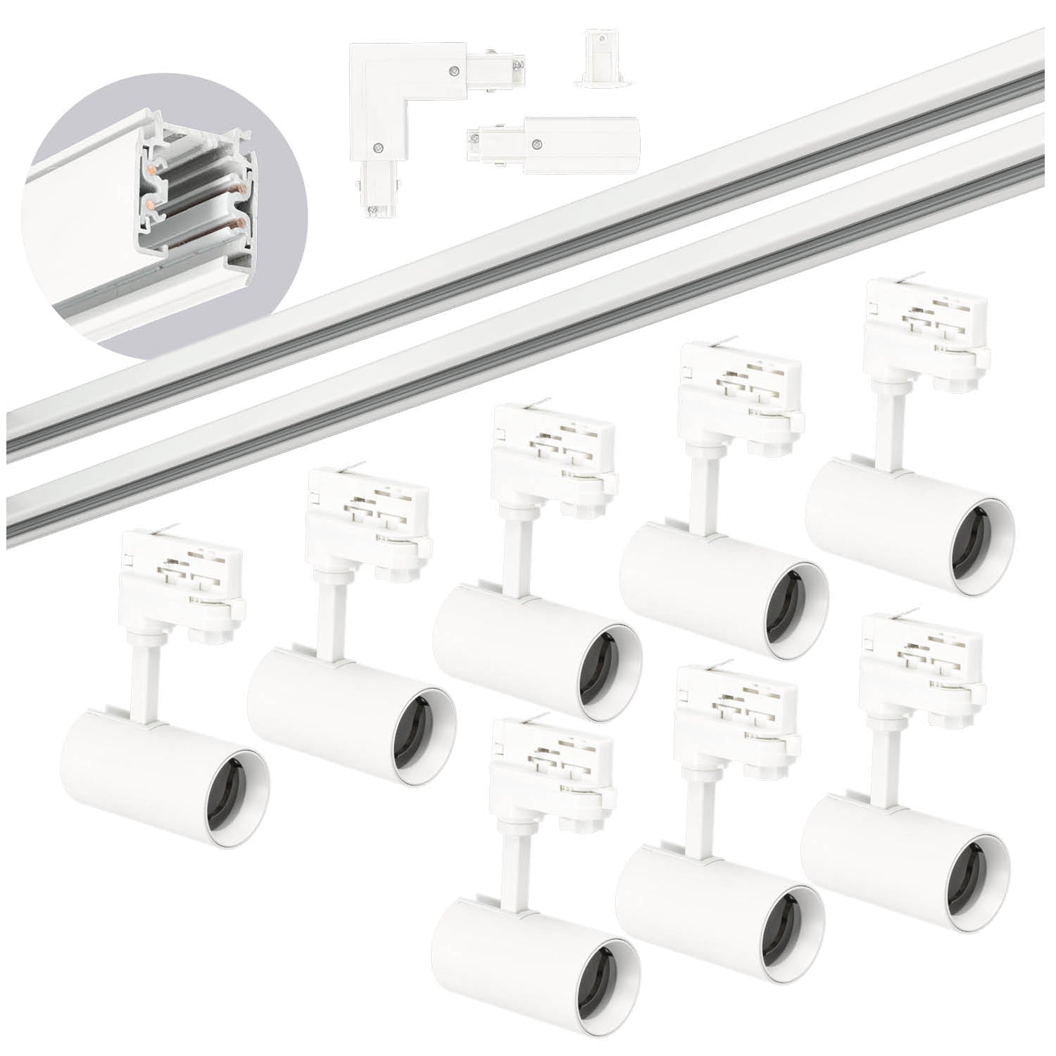 Zestaw szynowy 3 fazowy szyna 2m+2m, 8x Lampa, łącznik L BIAŁY komplet - LAITICA