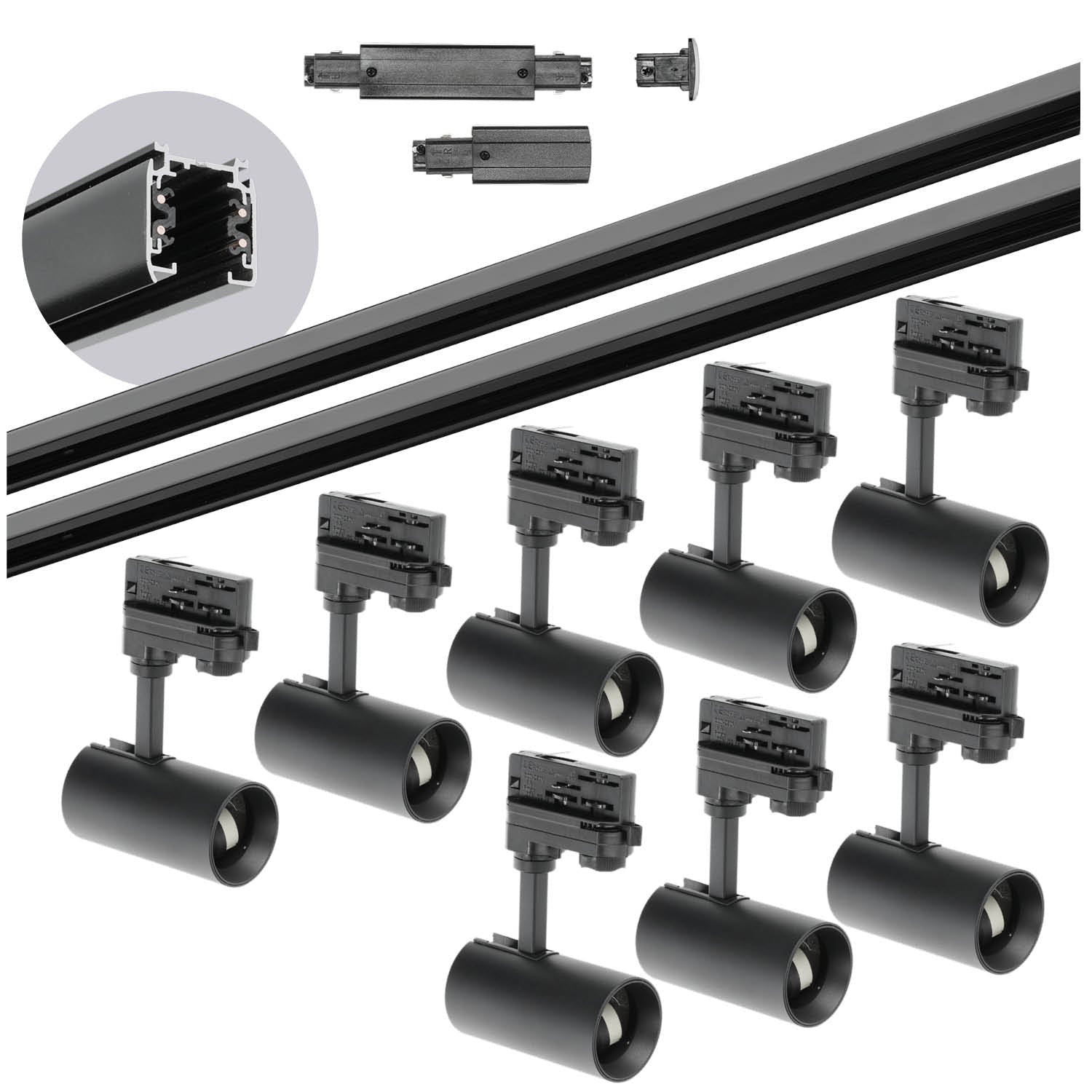 Zestaw szynowy 3 fazowy szyna 2m+2m, 8x Lampa, łącznik prosty CZARNY - LAITICA