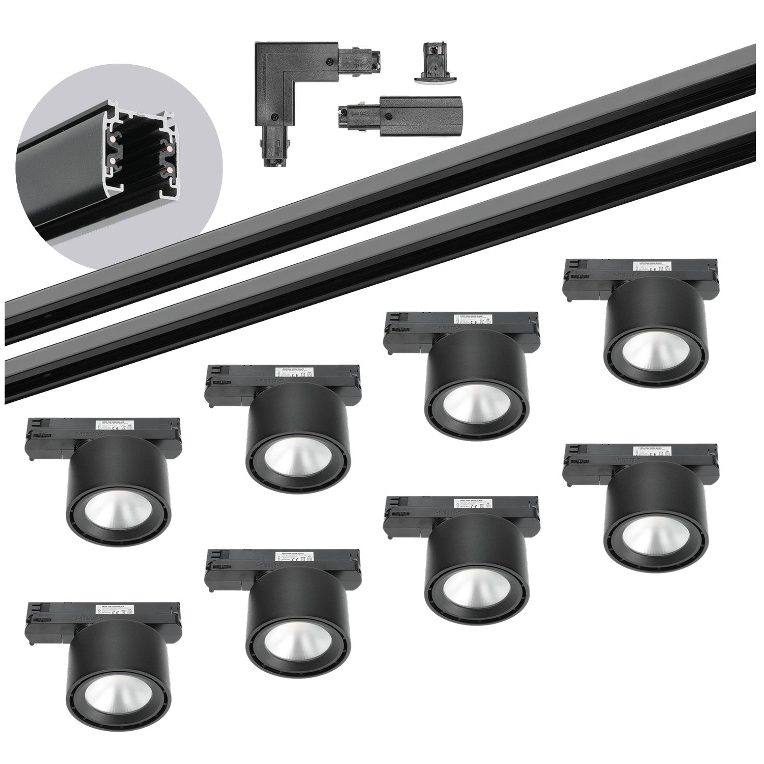 Zestaw szynowy 3 fazowy szyna 2m+2m, 8x LED 10W, łącznik L CZARNY komplet - LAITICA