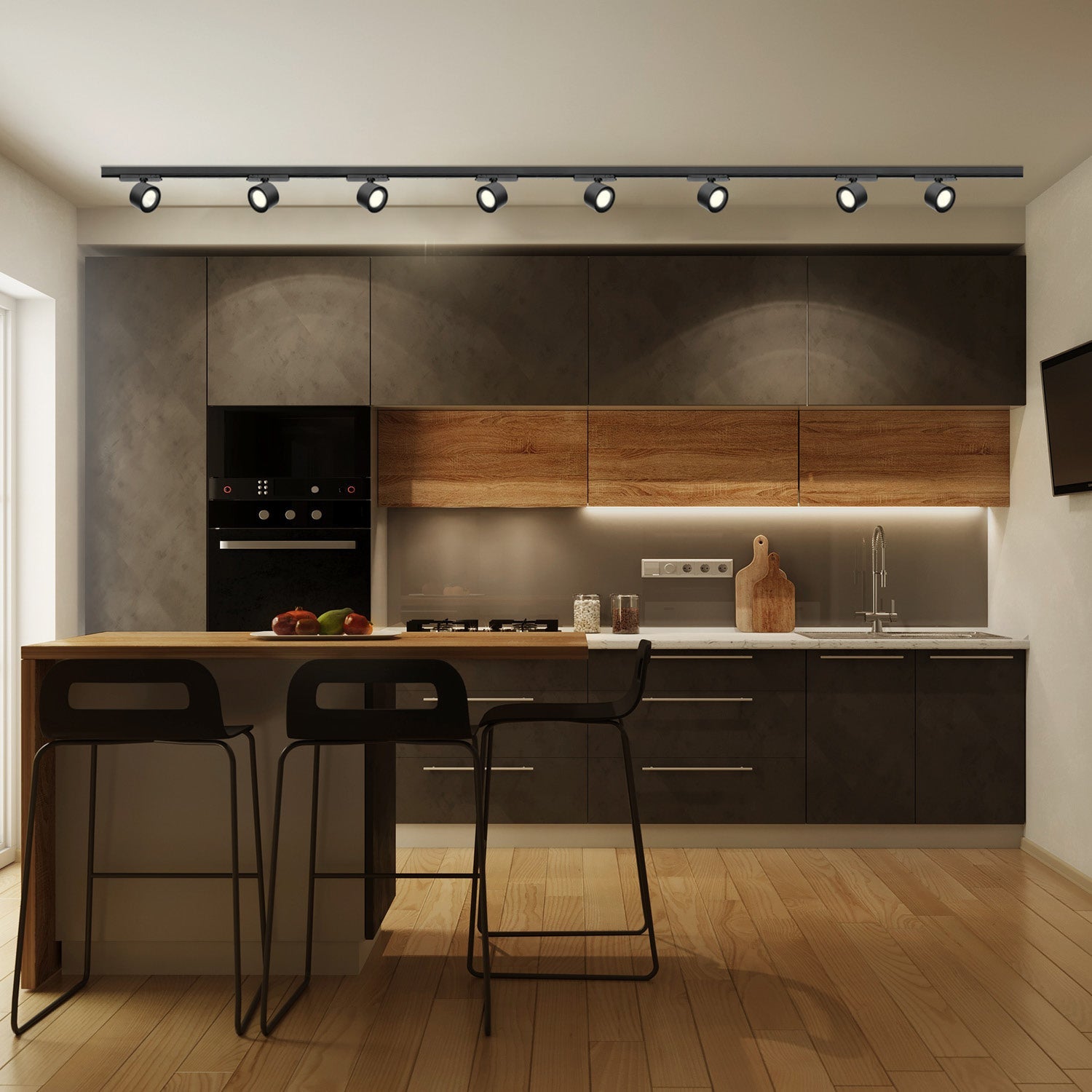 Zestaw szynowy 3 fazowy szyna 2m+2m, 8x LED 10W, łącznik prosty CZARNY - LAITICA