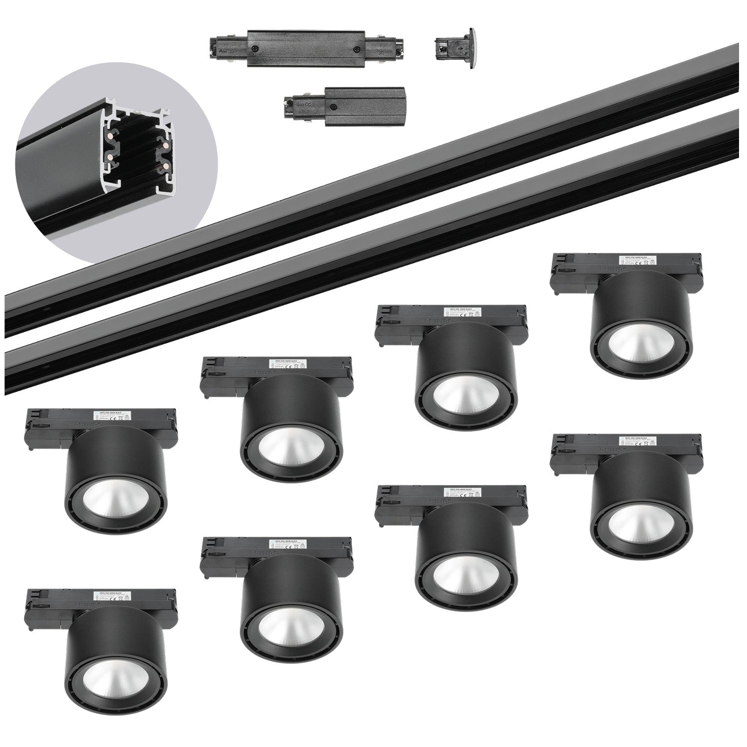 Zestaw szynowy 3 fazowy szyna 2m+2m, 8x LED 10W, łącznik prosty CZARNY - LAITICA