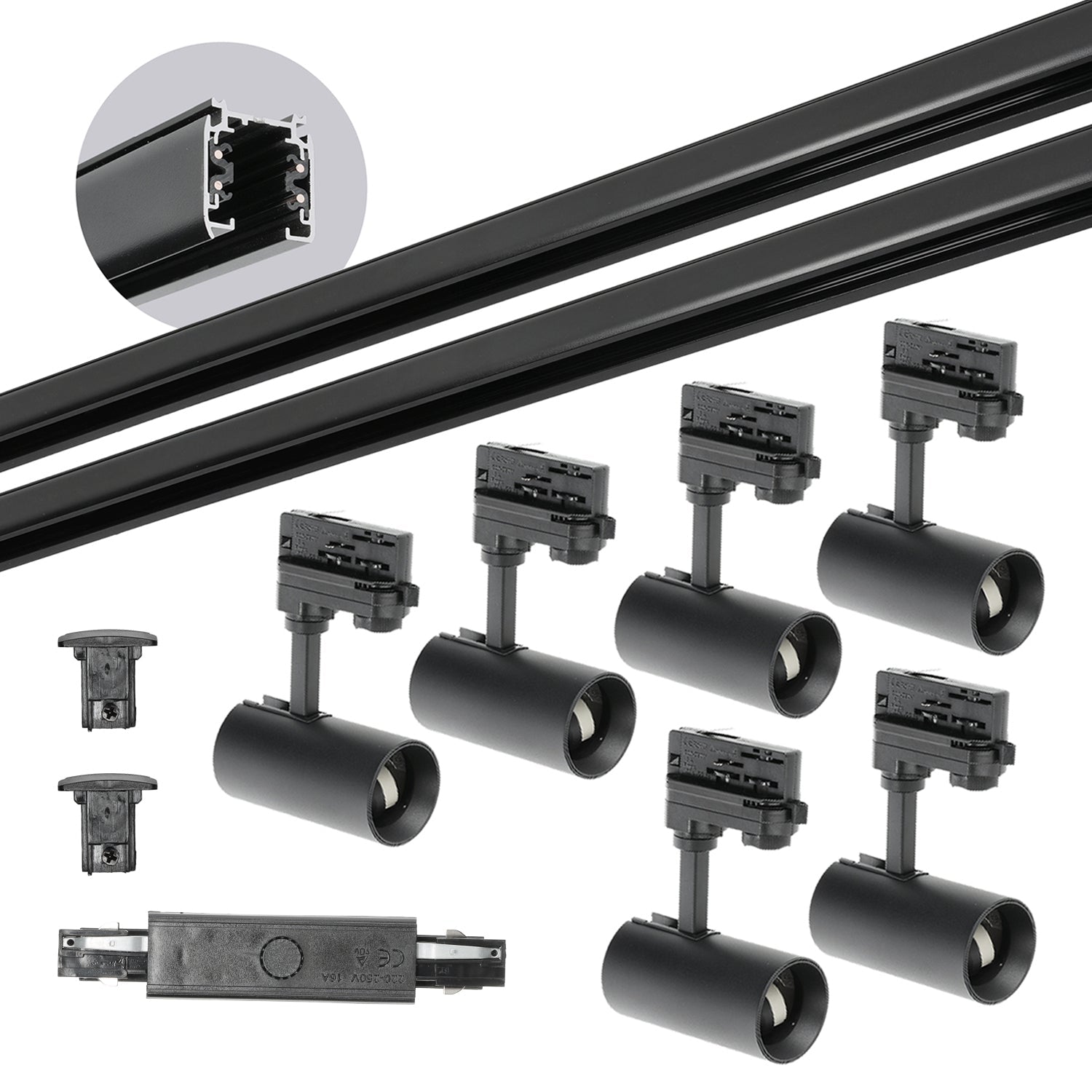 Zestaw szynowy 3 fazowy szyna 2m+2m, I zew., 6x Lampa, 2x zaślepka CZARNY - LAITICA