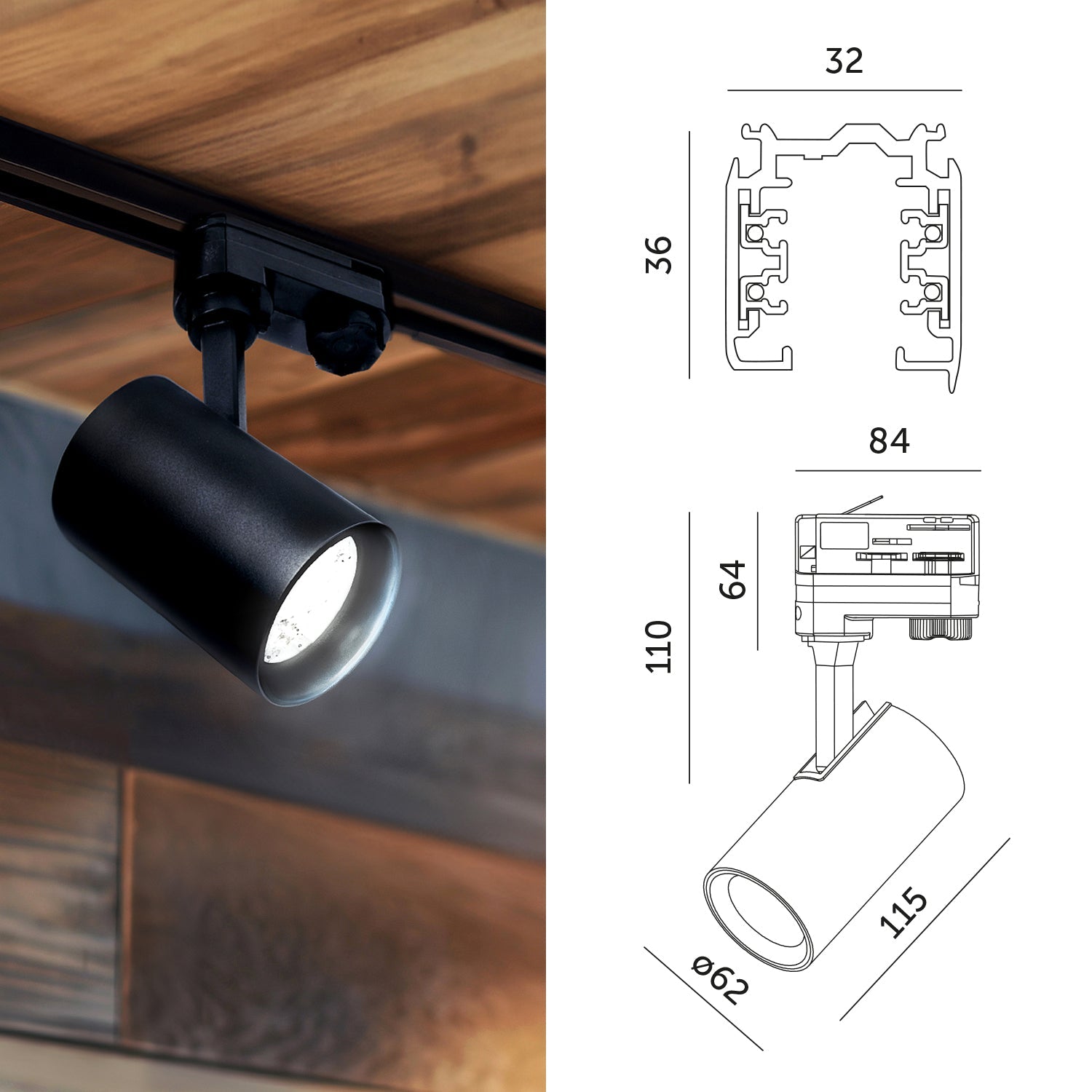 Zestaw szynowy 3 fazowy szyna 2m+2m, L prawy., 6x Lampa, 2x zaślepka CZARNY - LAITICA