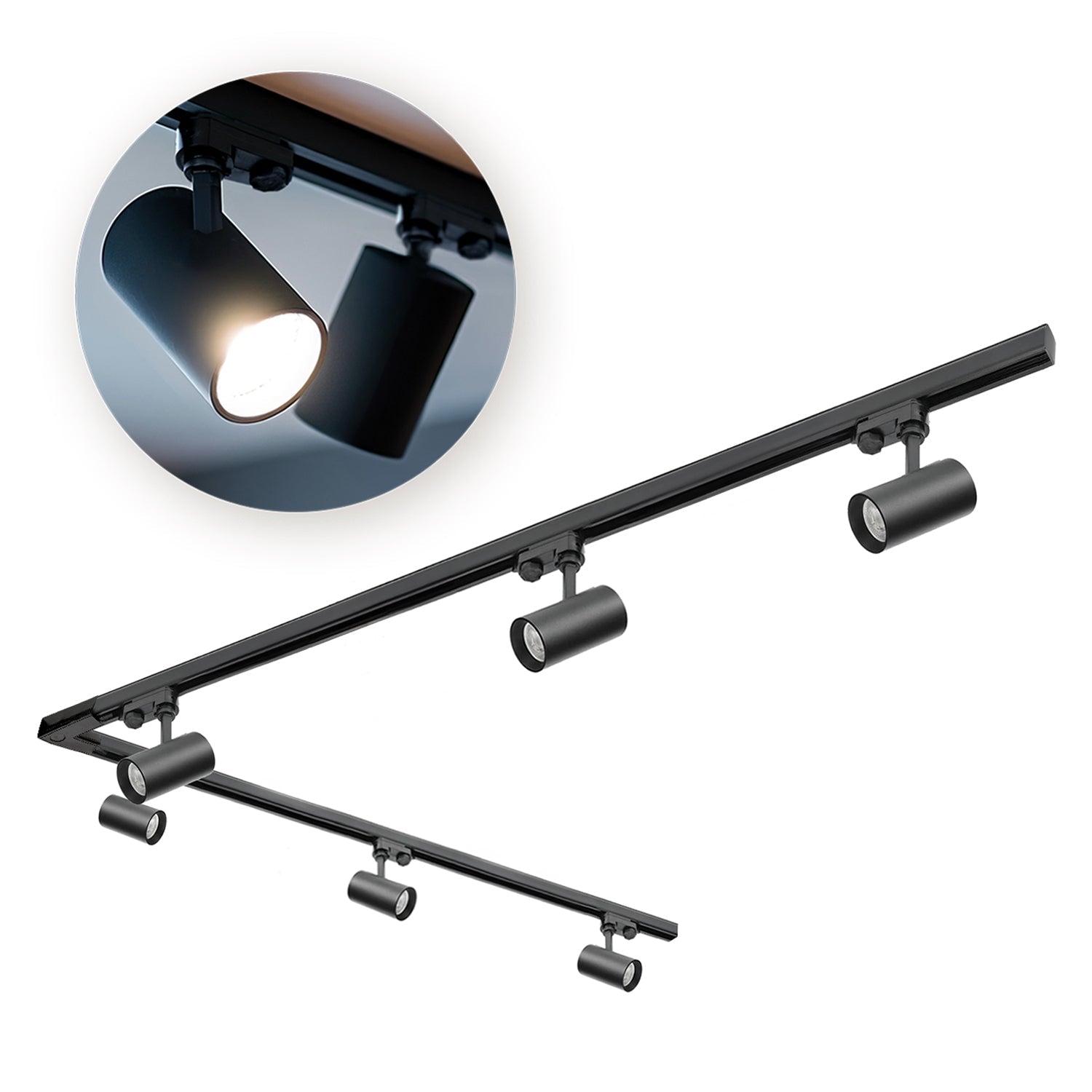 Zestaw szynowy 3 fazowy szyna 2m+2m, L prawy., 6x Lampa, 2x zaślepka CZARNY - LAITICA