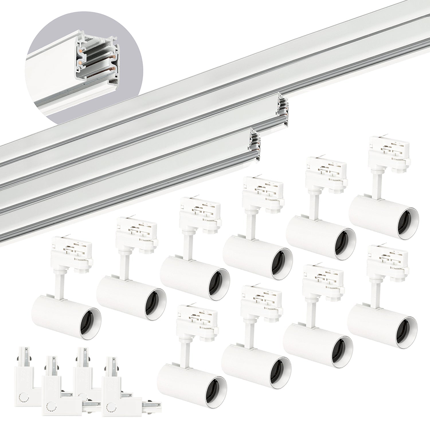 Zestaw szynowy 3 fazowy szyna 2x2m+2x1m, 4x łącznik L, 10x Lampa BIAŁY - LAITICA