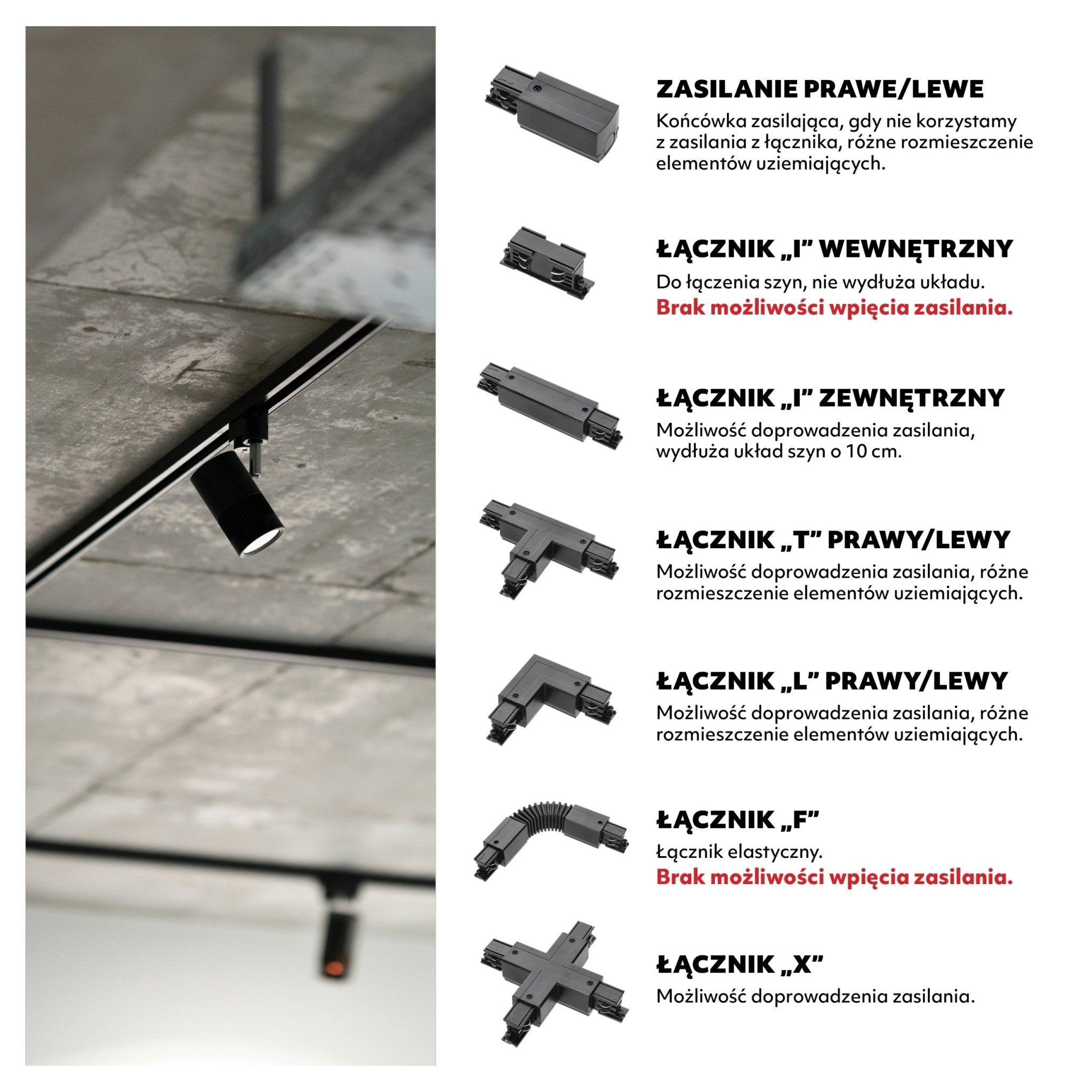 Zestaw szynowy 3 fazowy szyna 2x2m+2x1m, 4x łącznik L, 10x Lampa CZARNY - LAITICA