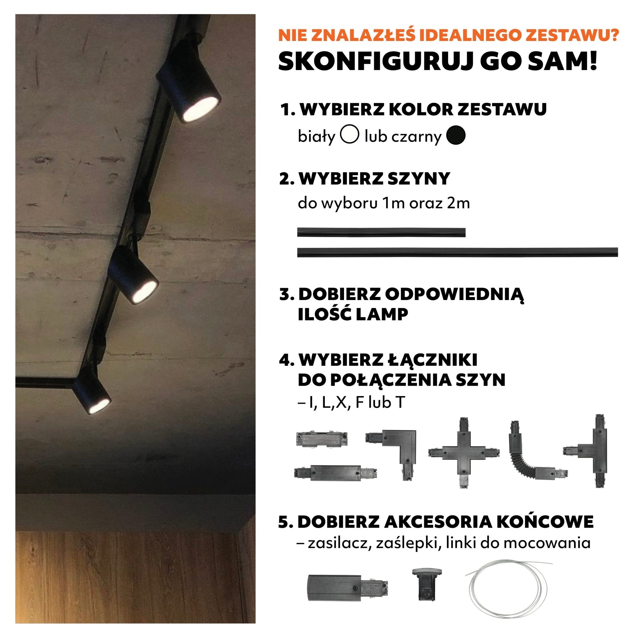 Zestaw szynowy 3 fazowy szyna 3x1m, Łącznik T, 6x Lampa, 3x zaślepka BIAŁY - LAITICA