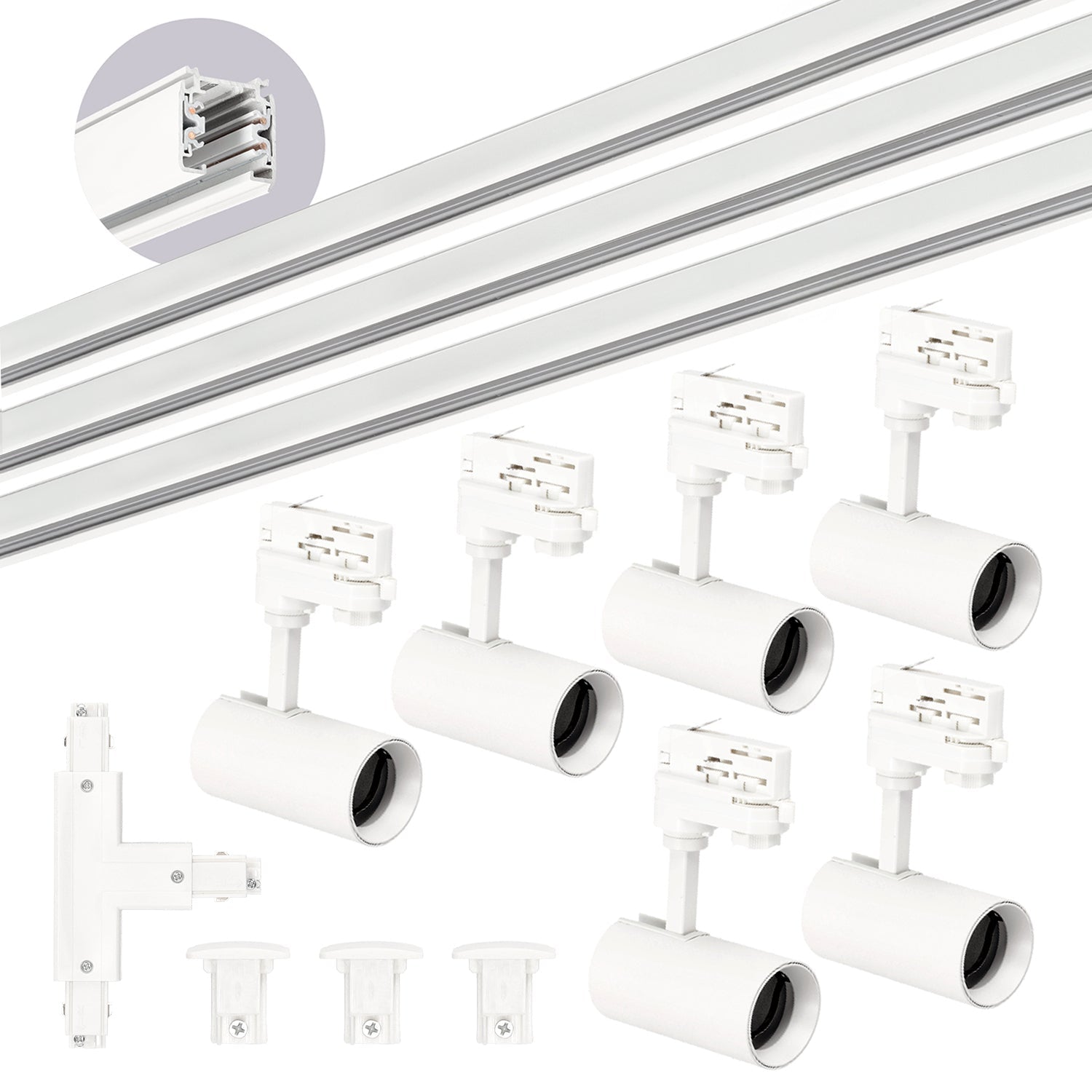Zestaw szynowy 3 fazowy szyna 3x1m, Łącznik T, 6x Lampa, 3x zaślepka BIAŁY - LAITICA