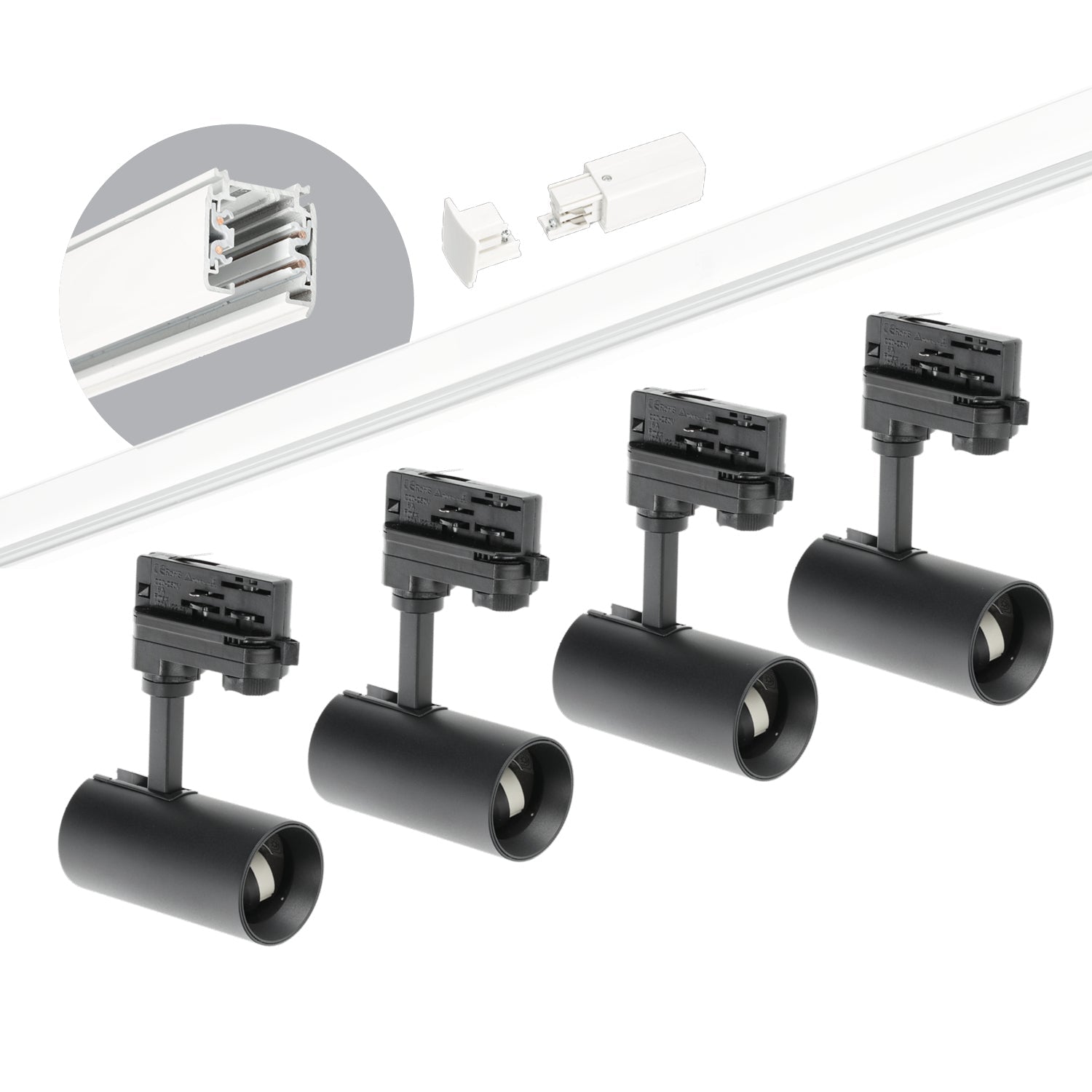 Zestaw szynowy 3 fazowy szyna biała 2m, 4x Lampa CZARNA kompletny zestaw - LAITICA