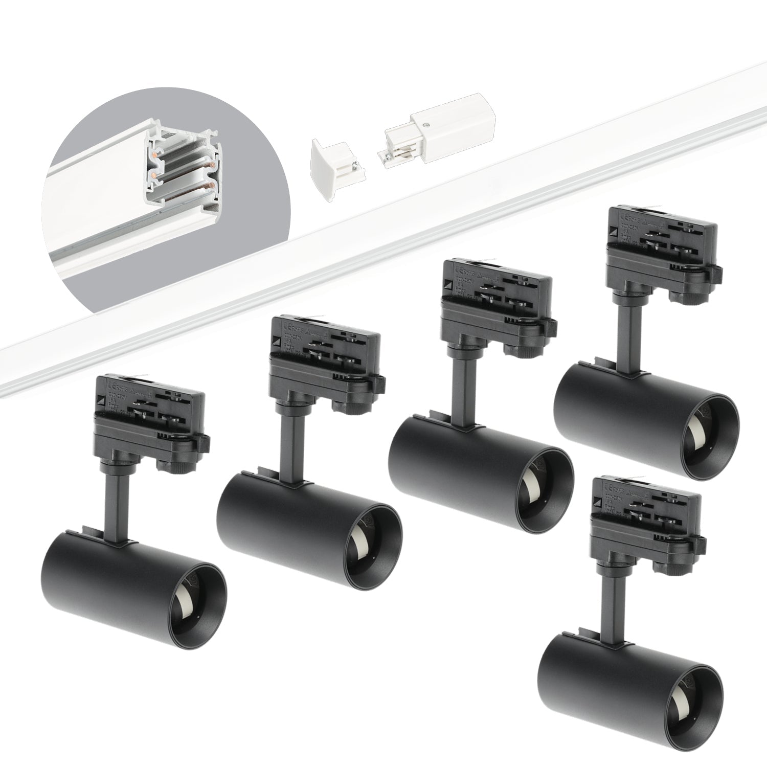 Zestaw szynowy 3 fazowy szyna biała 2m, 5x Lampa CZARNA kompletny zestaw - LAITICA