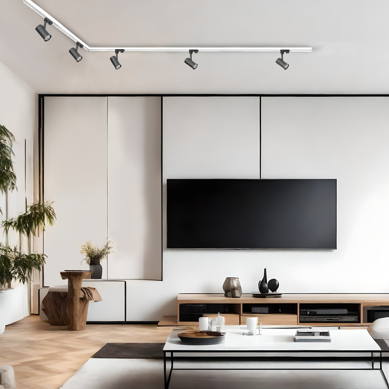 Zestaw szynowy 3 fazowy szyna biała 2m+1m, 5x Lampa CZARNA, łącznik L - LAITICA