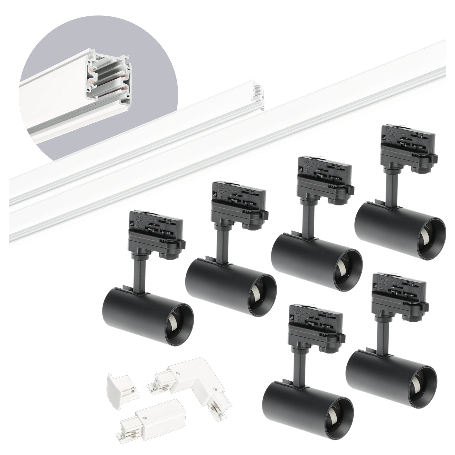 Zestaw szynowy 3 fazowy szyna biała 2m+1m, 6x Lampa CZARNA, łącznik L - LAITICA