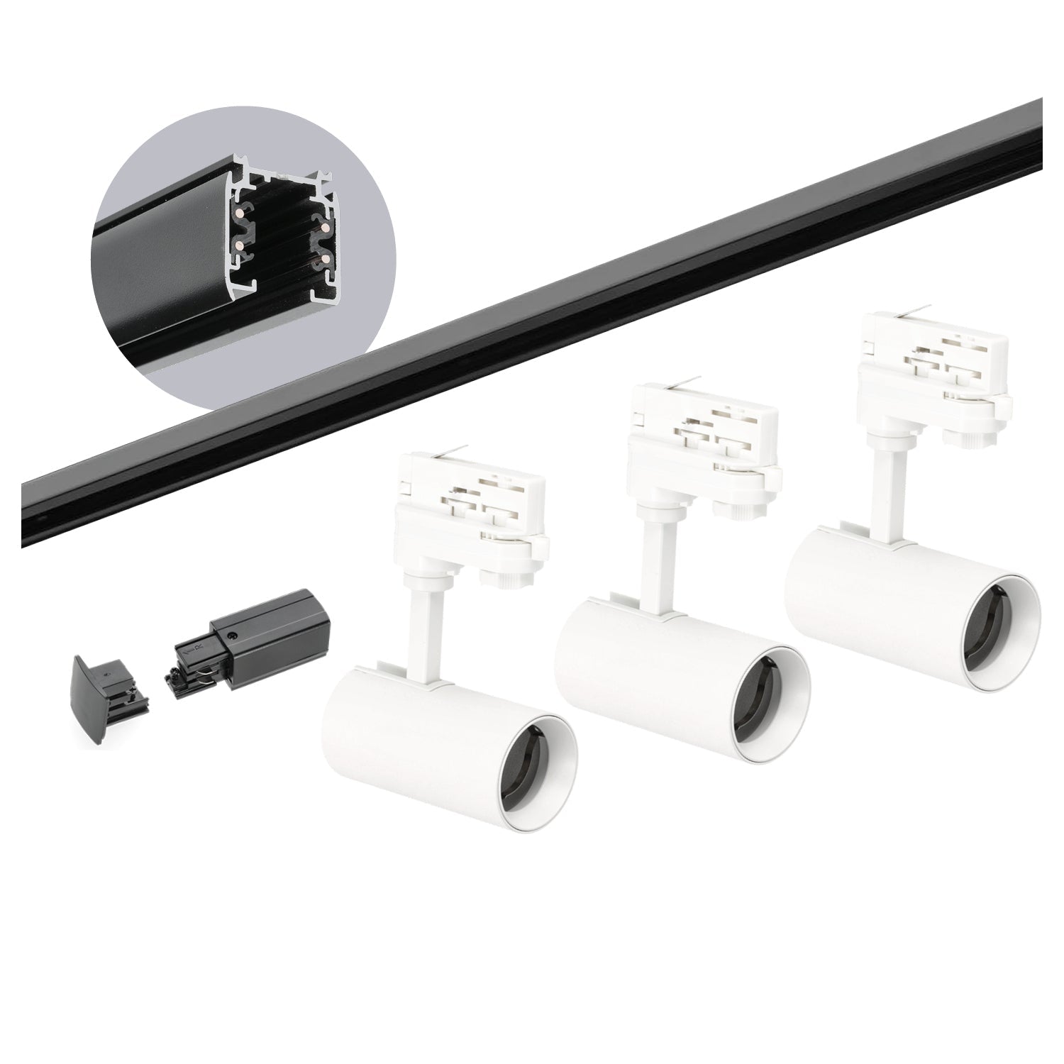 Zestaw szynowy 3 fazowy szyna czarna 2m, 3x Lampa BIAŁA kompletny zestaw - LAITICA