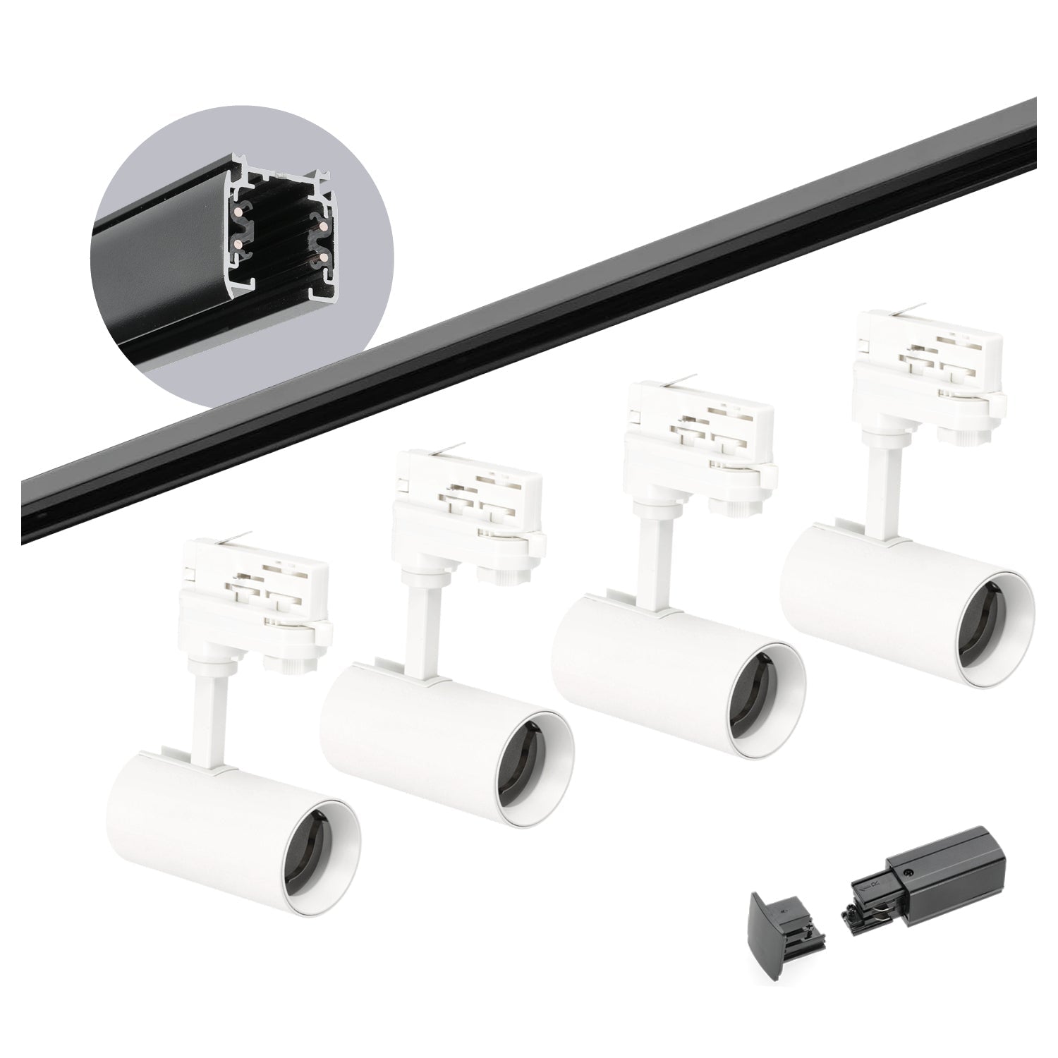 Zestaw szynowy 3 fazowy szyna czarna 2m, 4x Lampa BIAŁA kompletny zestaw - LAITICA