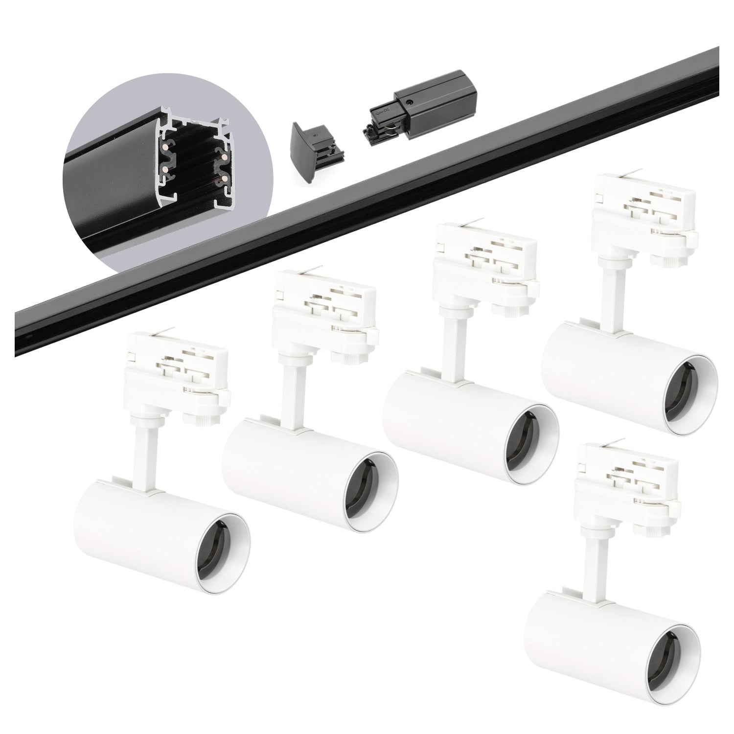 Zestaw szynowy 3 fazowy szyna czarna 2m, 5x Lampa BIAŁA kompletny zestaw - LAITICA