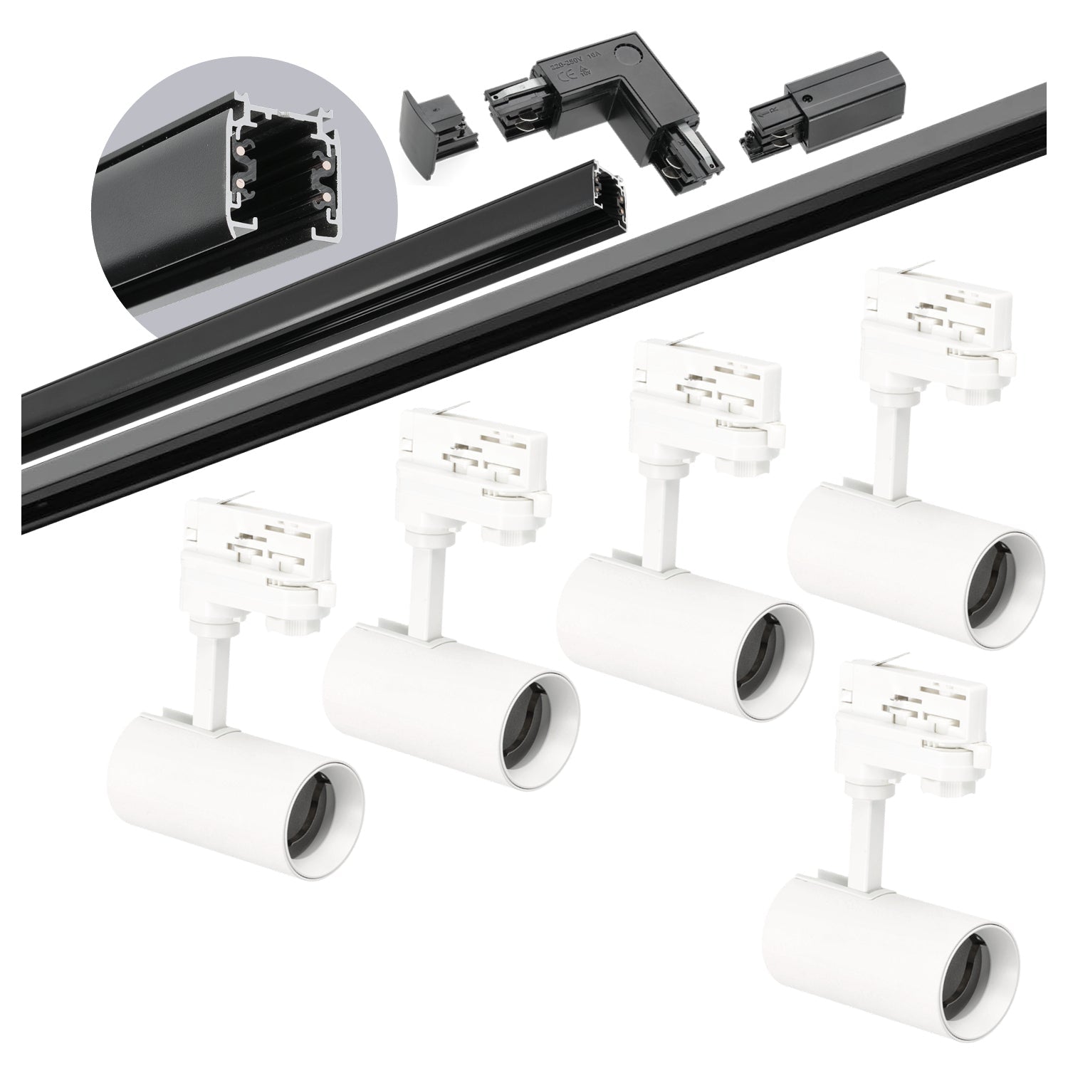 Zestaw szynowy 3 fazowy szyna czarna 2m+1m, 5x Lampa BIAŁA, łącznik L - LAITICA