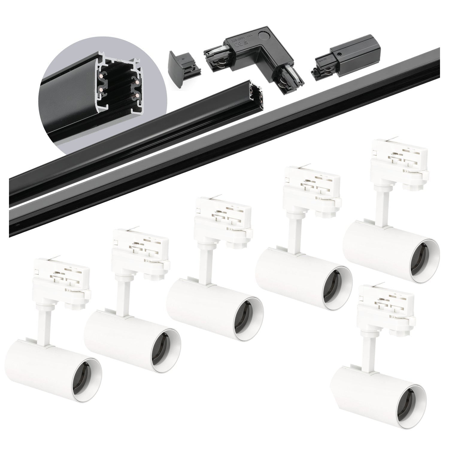 Zestaw szynowy 3 fazowy szyna czarna 2m+1m, 6x Lampa BIAŁA, łącznik L - LAITICA