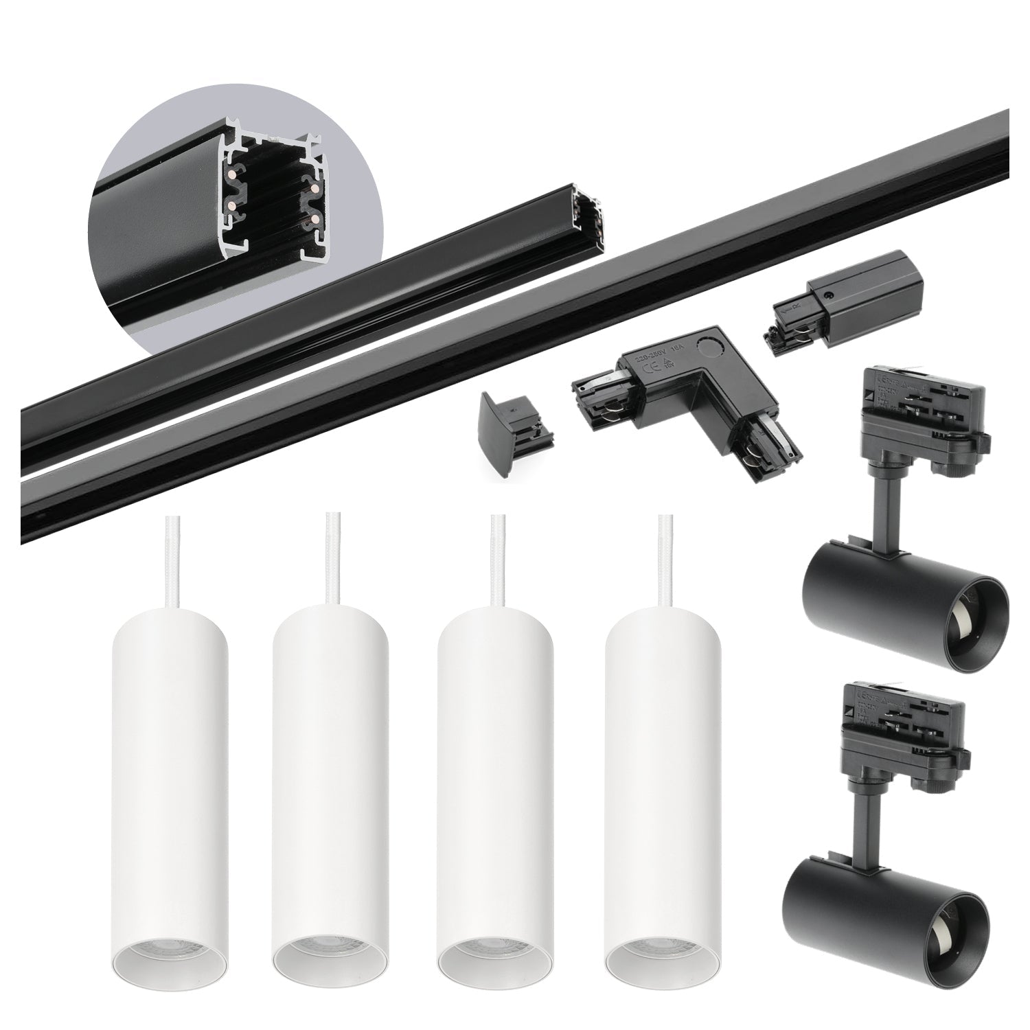 Zestaw szynowy 3 fazowy szyna czarna 2m+1m, 6x Lampa BIAŁA+CZARNA, łącznik L - LAITICA