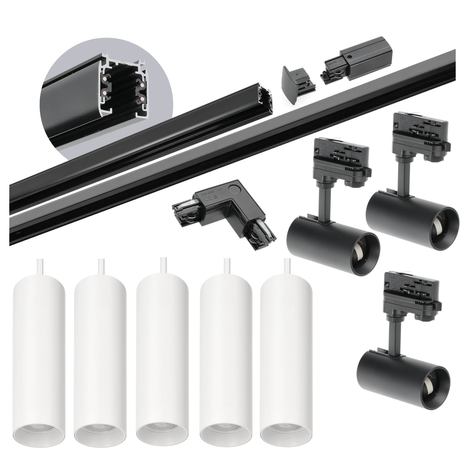 Zestaw szynowy 3 fazowy szyna czarna 2m+1m, 8x Lampa BIAŁA+CZARNA, łącznik L - LAITICA