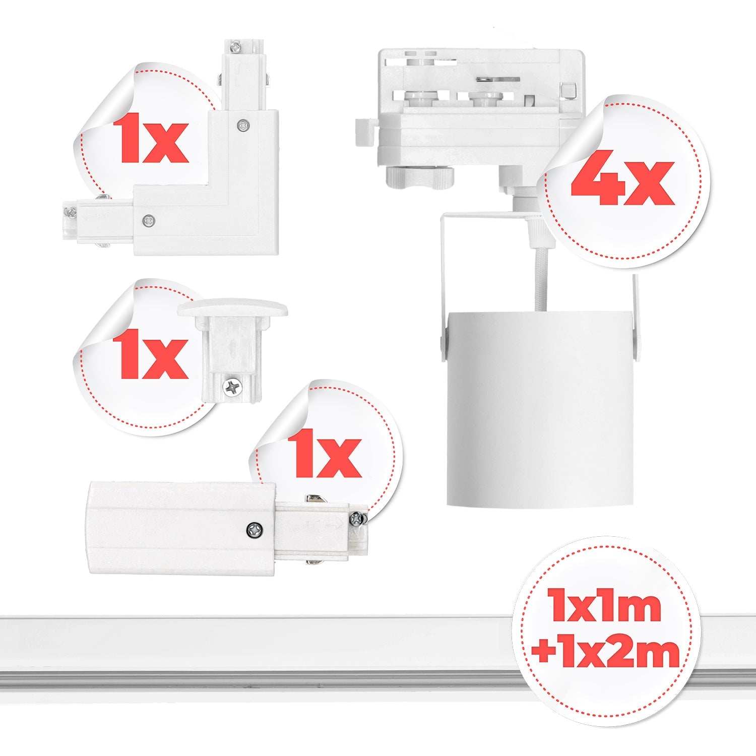 Zestaw Szynowy Biały 3 fazowy 4x Reflektor GU10 + Szyna 1m+2m + Łącznik L - LAITICA