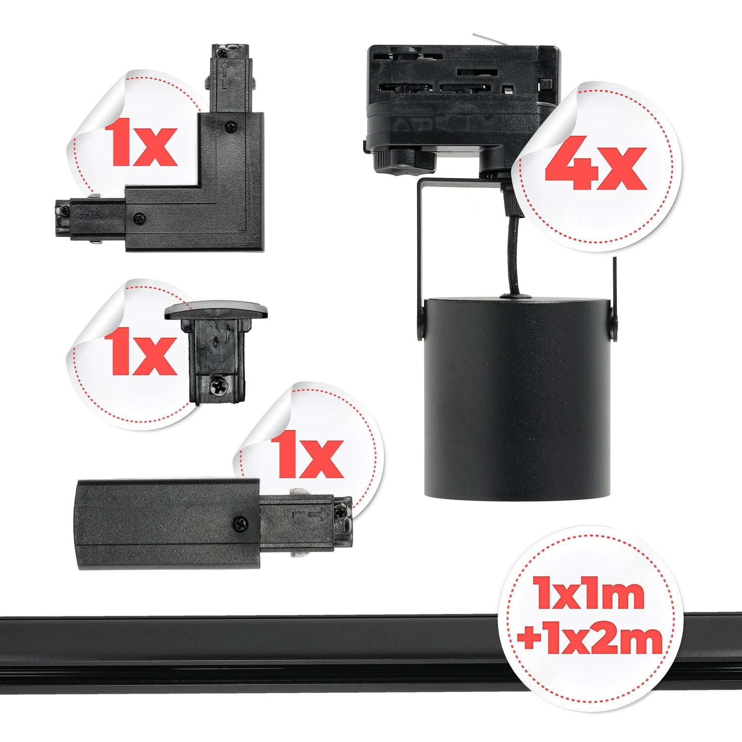 Zestaw Szynowy Czarny 3 fazowy 4x Reflektor GU10 + Szyna 1m+2m + Łącznik L - LAITICA