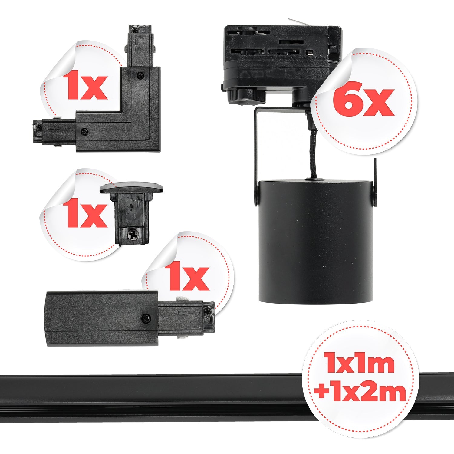 Zestaw Szynowy Czarny 3 fazowy 6x Reflektor GU10 + Szyna 1m+2m + Łącznik L - LAITICA