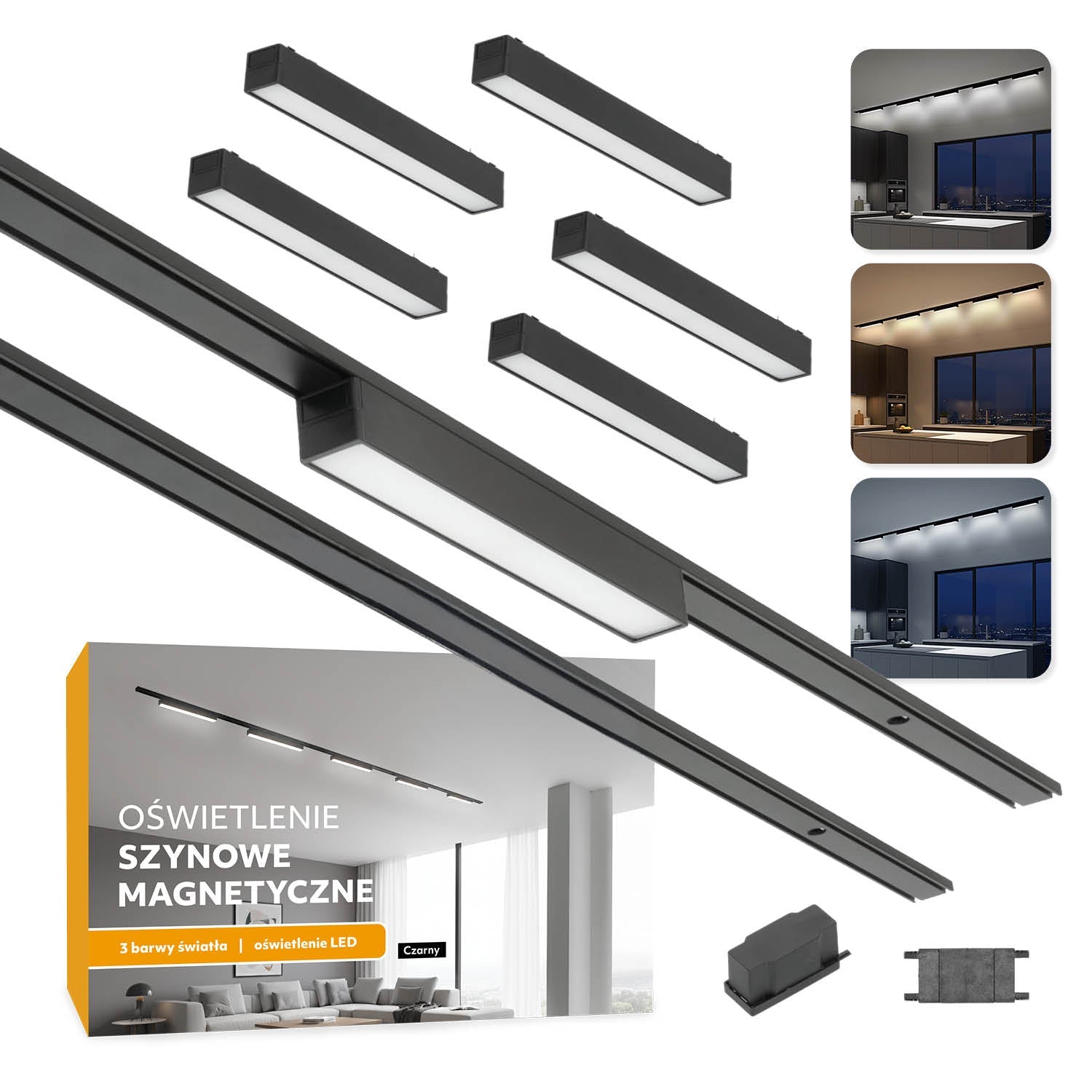 Zestaw szynowy magnetyczny 2×1 m + 5× lampa liniowa LED R3 10W 3CCT czarny - LAITICA