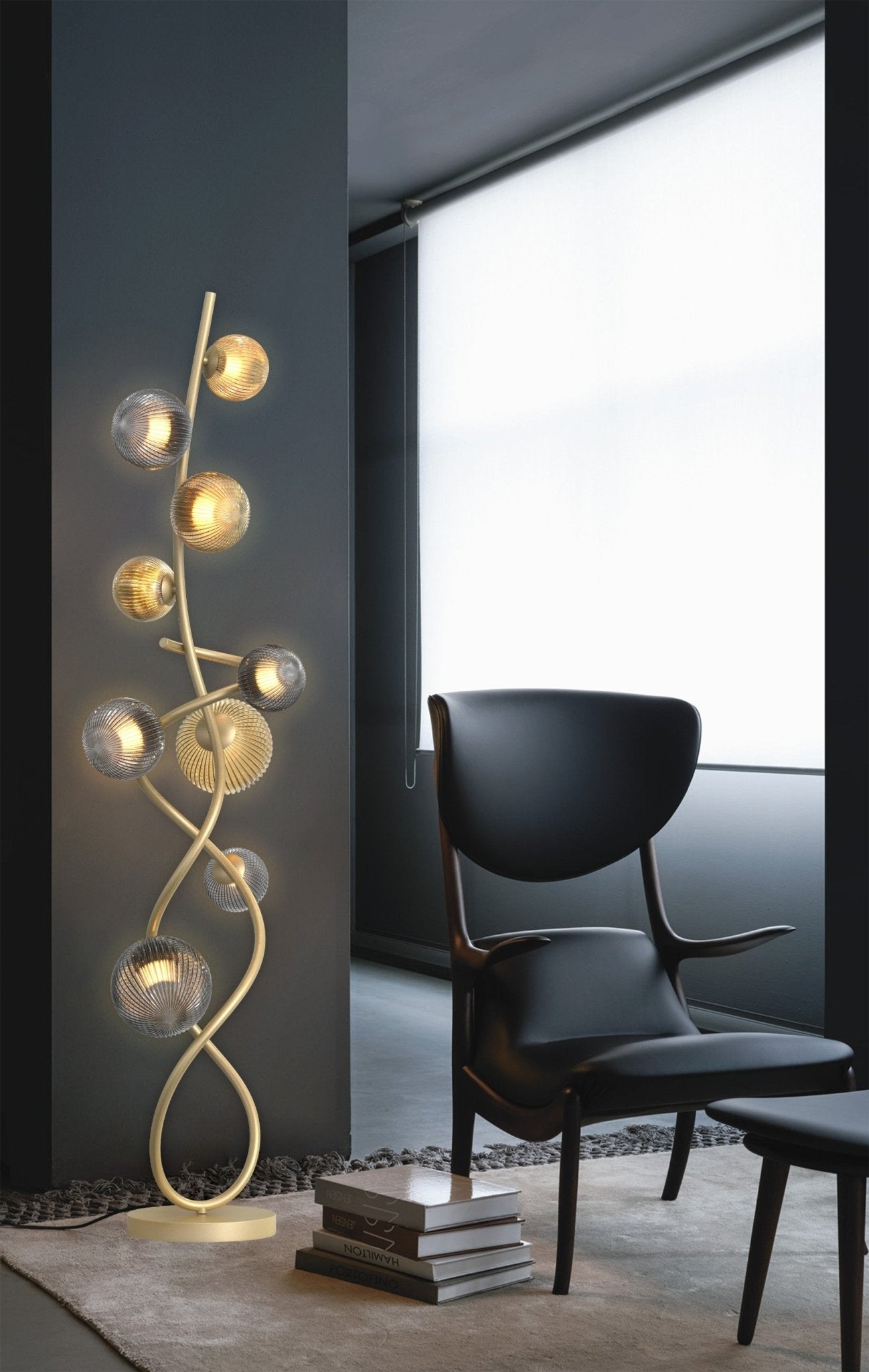 Złota lampa podłogowa MALTA 9 punktów światła BARWA CIEPŁA szklane klosze - LAITICA