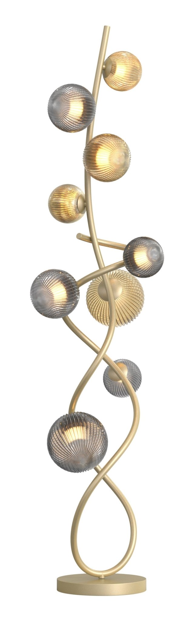 Złota lampa podłogowa MALTA 9 punktów światła BARWA CIEPŁA szklane klosze - LAITICA