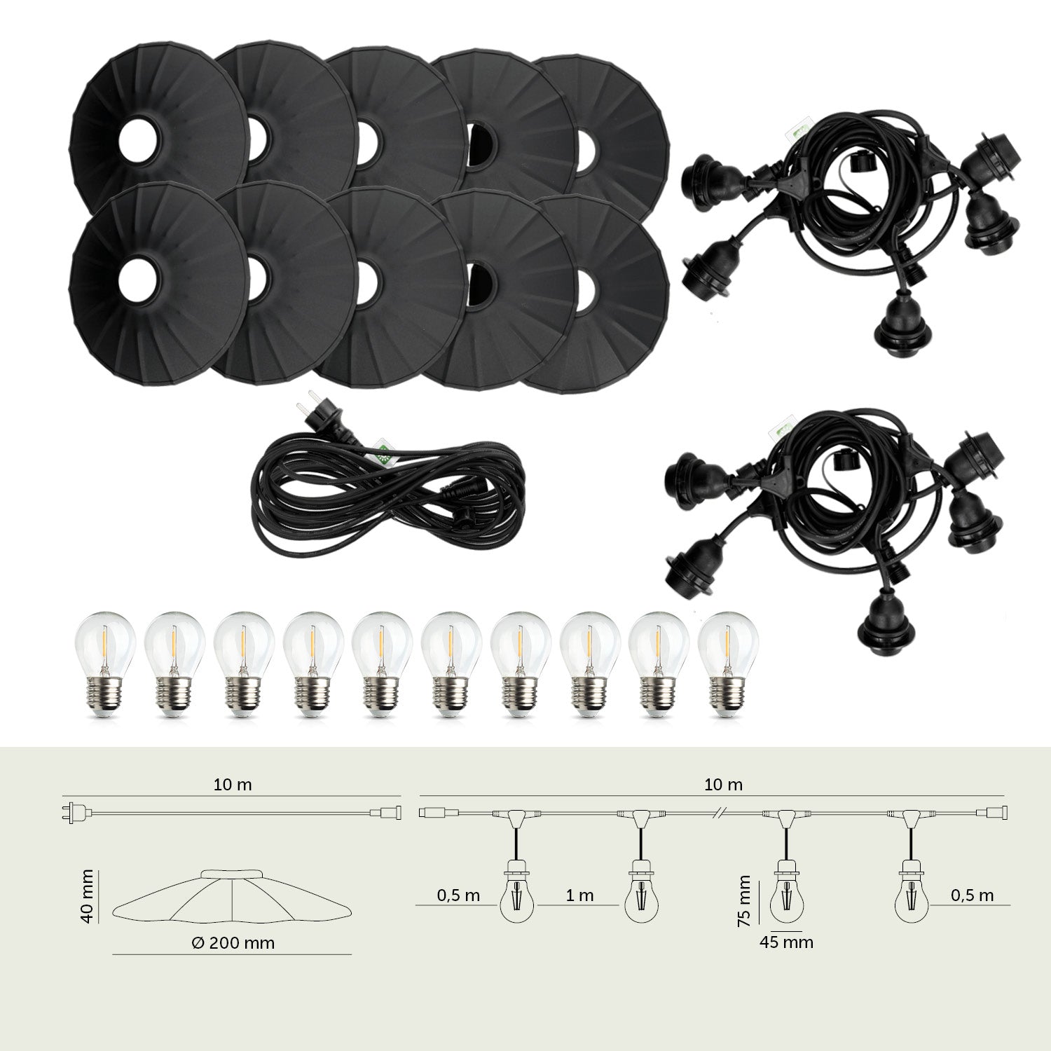 ZESTAW CRETE 2x Girlanda ogrodowa 5m + kabel 10m + 10x klosz czarny M1 +LED