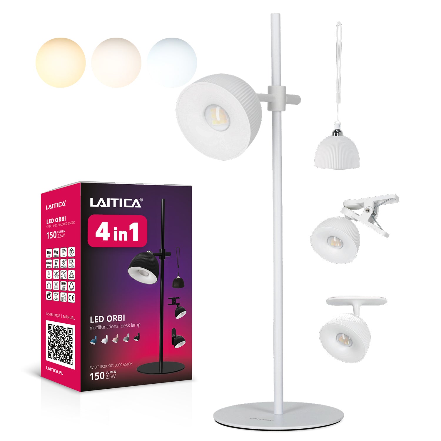 Lampka LED ORBI 2,5W na klik REGULACJA BARWY ŚWIATŁA USB 4w1 BIAŁA