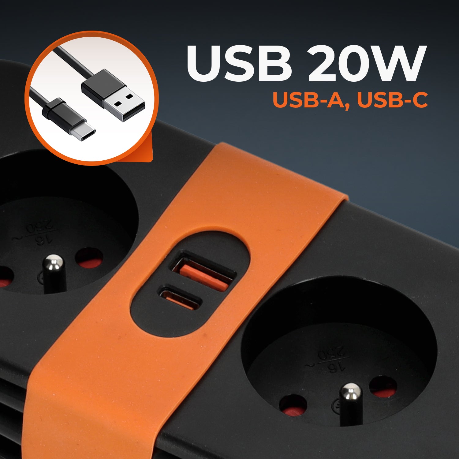 Przedłużacz z PŁASKĄ WTYCZKĄ 2 gniazda 1,4m Czarny Listwa z Uziem. + 2x USB