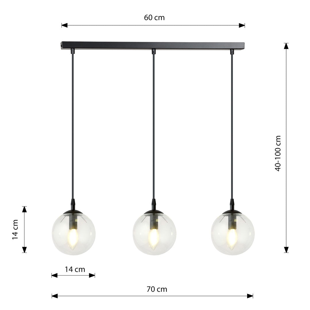 Lampa wisząca VEGAS 3 punkty światła E14 REGULOWANA klosz przeźroczysty