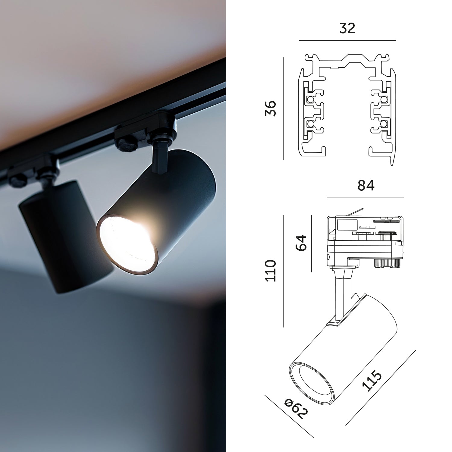 Zestaw szynowy 3 fazowy szyna 2x2m+2x1m, 4x łącznik L, 10x Lampa CZARNY