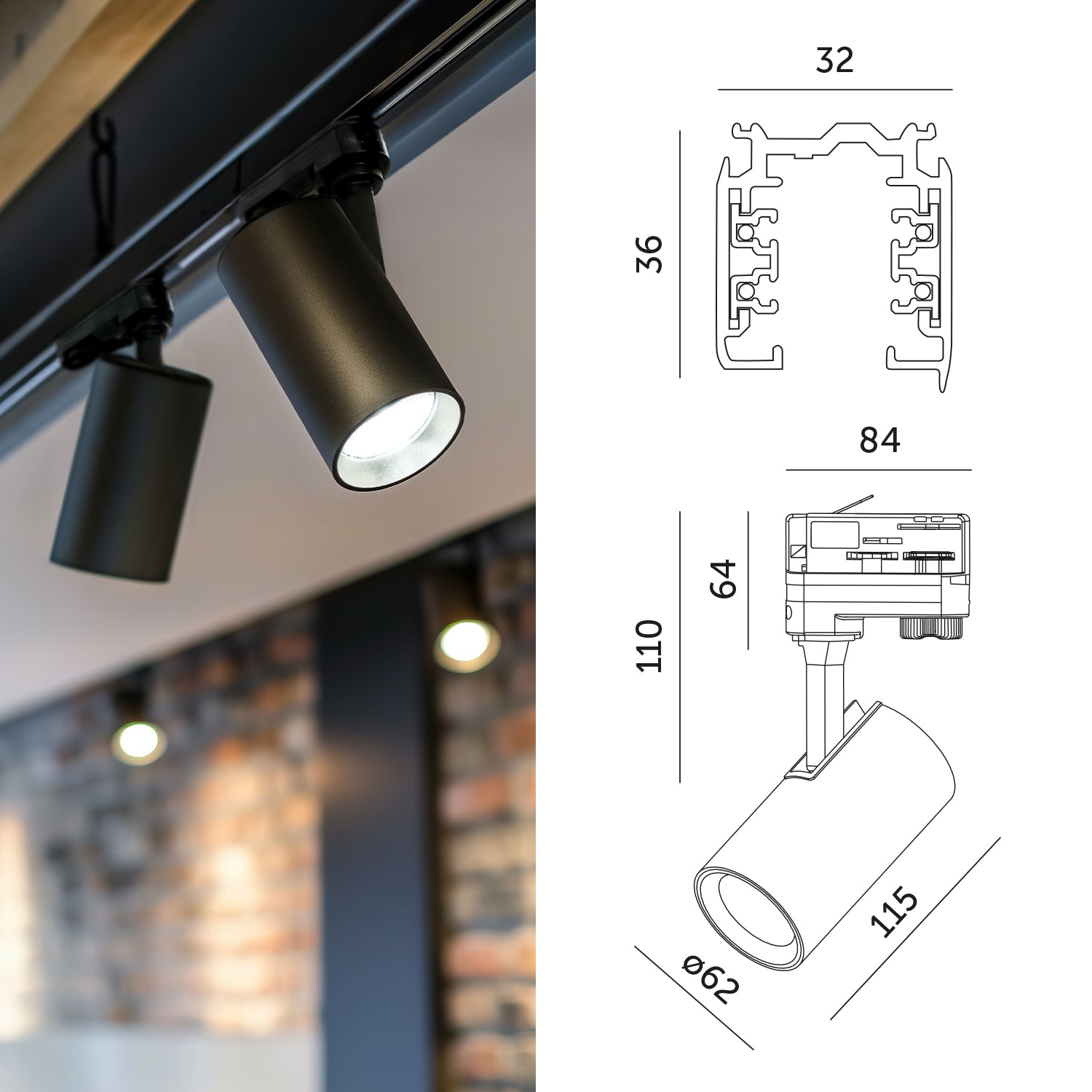 Zestaw szynowy 3 fazowy szyna 3x1m, Łącznik T, 6x Lampa, 3x zaślepka CZARNY