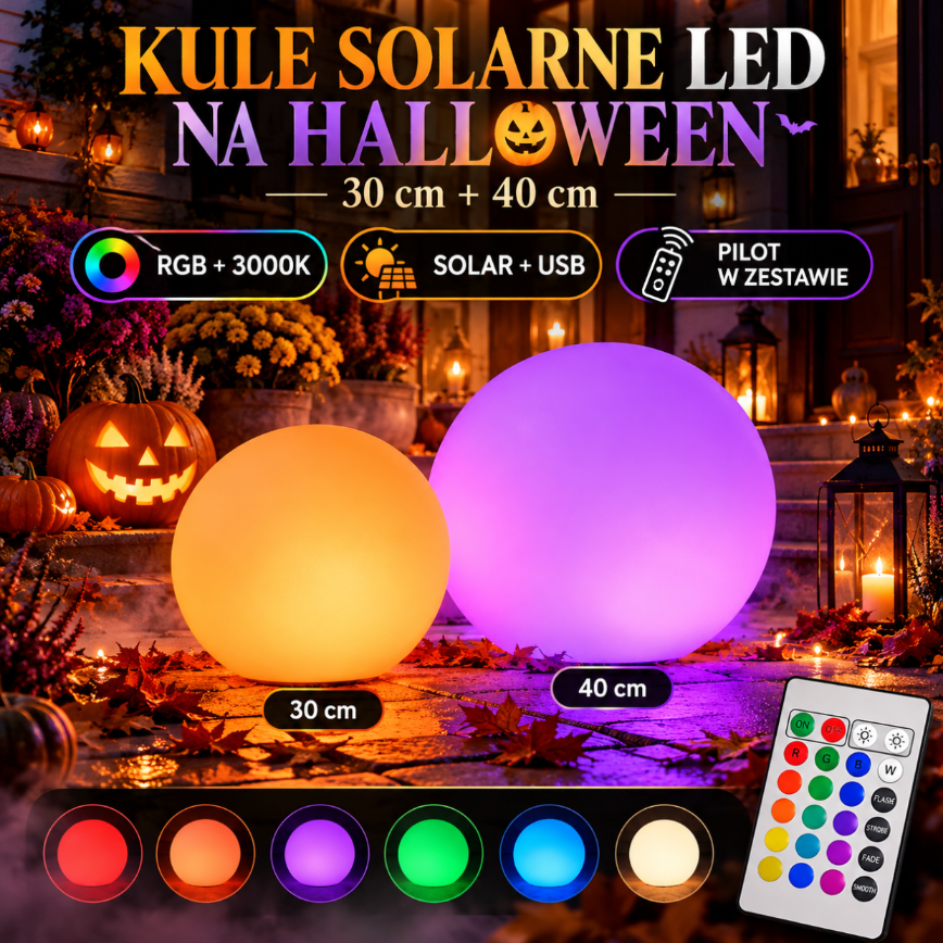 2x Kula LED Halloween 30 i 40 cm RGB Solarna USB Pilot Dekoracja Ogrodowa