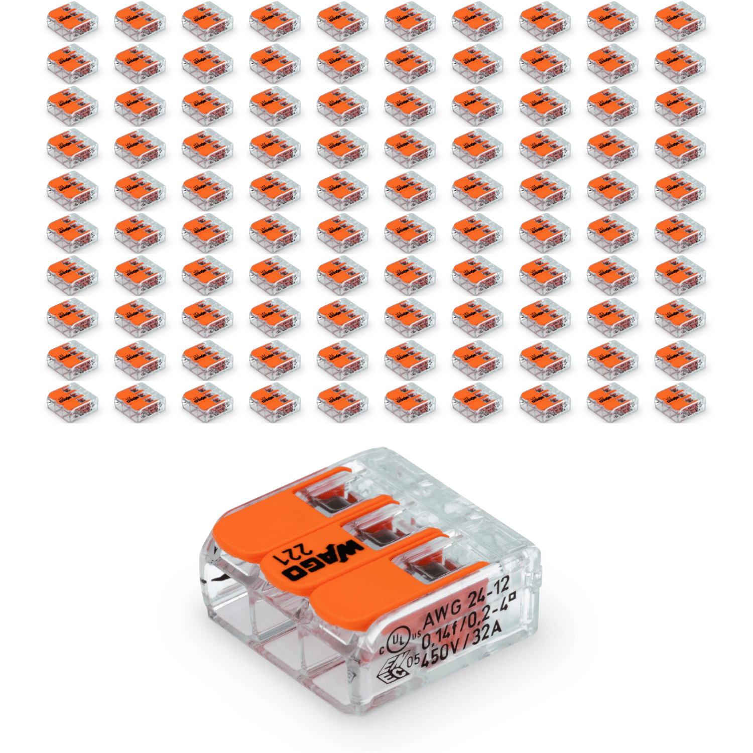 100x Szybkozłączka WAGO 3 gniazda 0,14 - 4mm 221 - 413 złączka zaciskowa ZESTAW - LAITICA