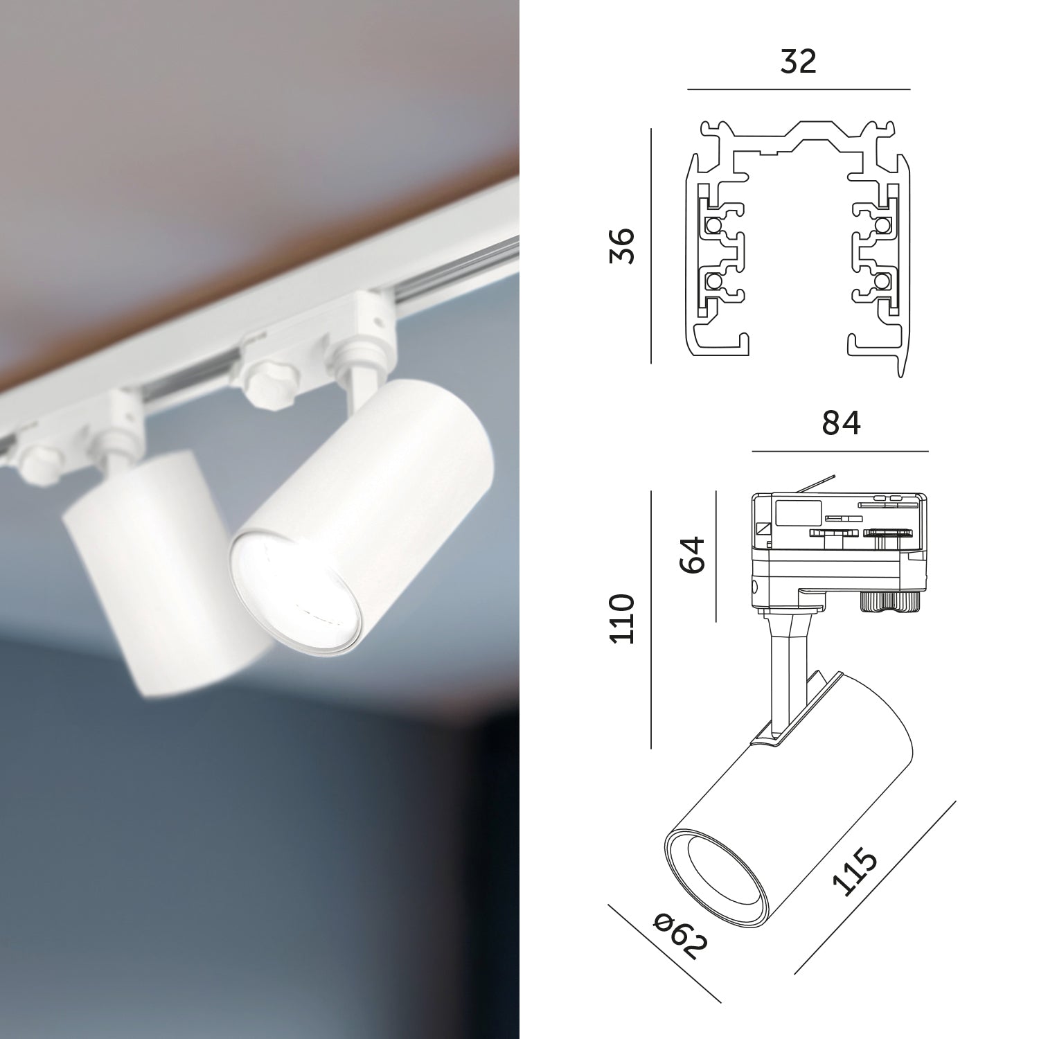 Zestaw szynowy 3 fazowy szyna 1m+2m, L prawy, 5x Lampa, 2x zaślepka BIAŁY