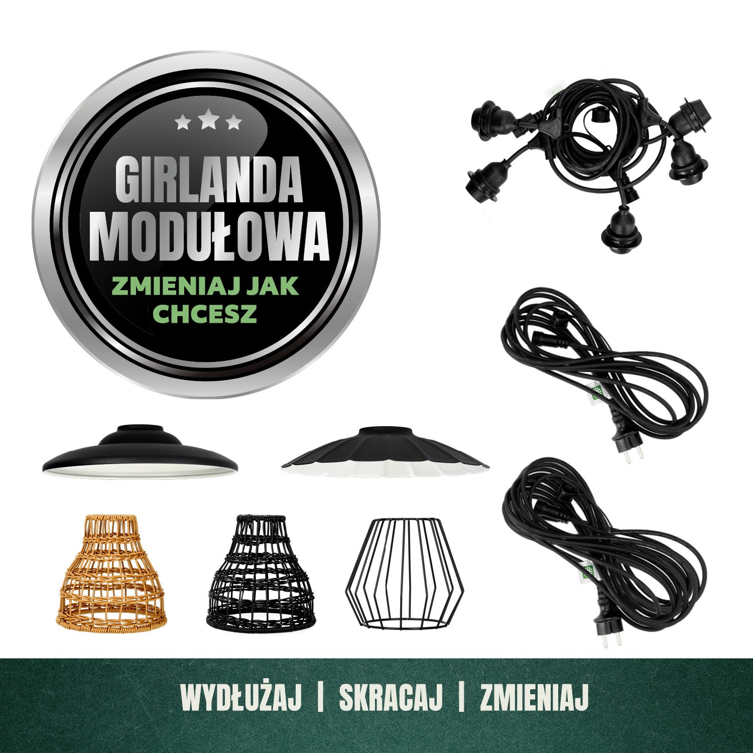 ZESTAW CRETE 2x Girlanda ogrodowa 5m + kabel 10m + 10x klosz czarny D1 +LED