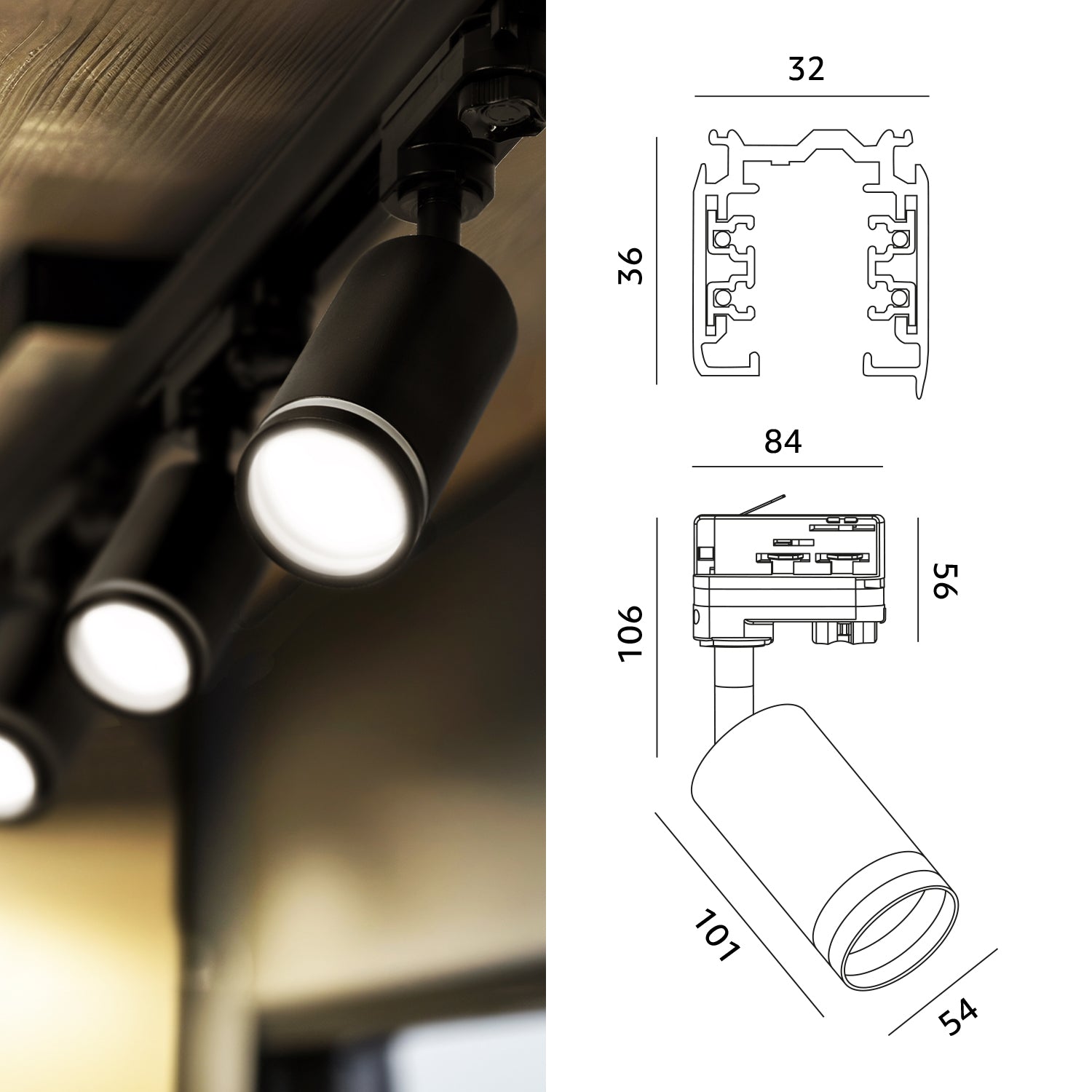 Zestaw Szynowy 3 FAZOWY 6x Lampa na GU10 + Szyna 1m+2m + Łącznik L CZARNY