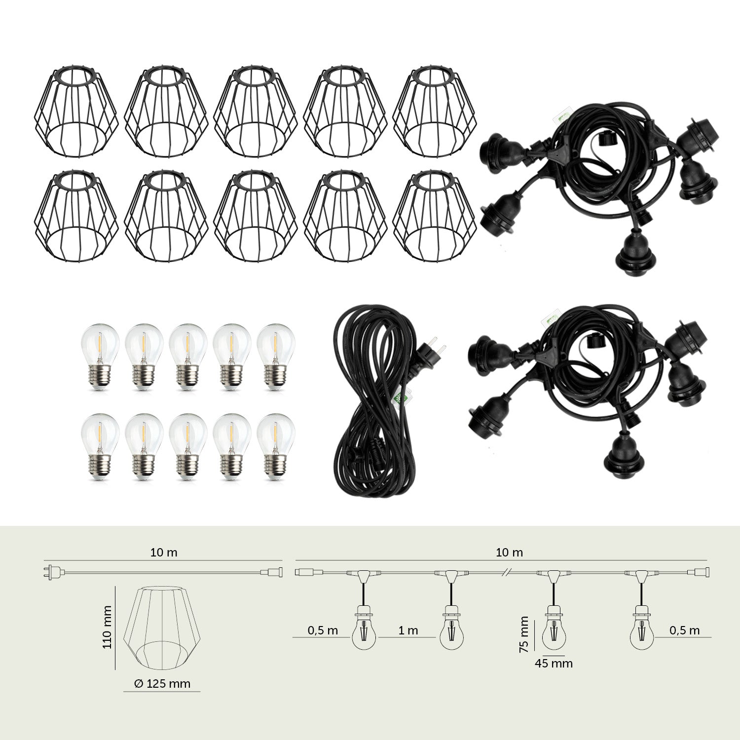 ZESTAW CRETE 2x Girlanda ogrodowa 5m + kabel 10m + 10x klosz czarny D1 +LED