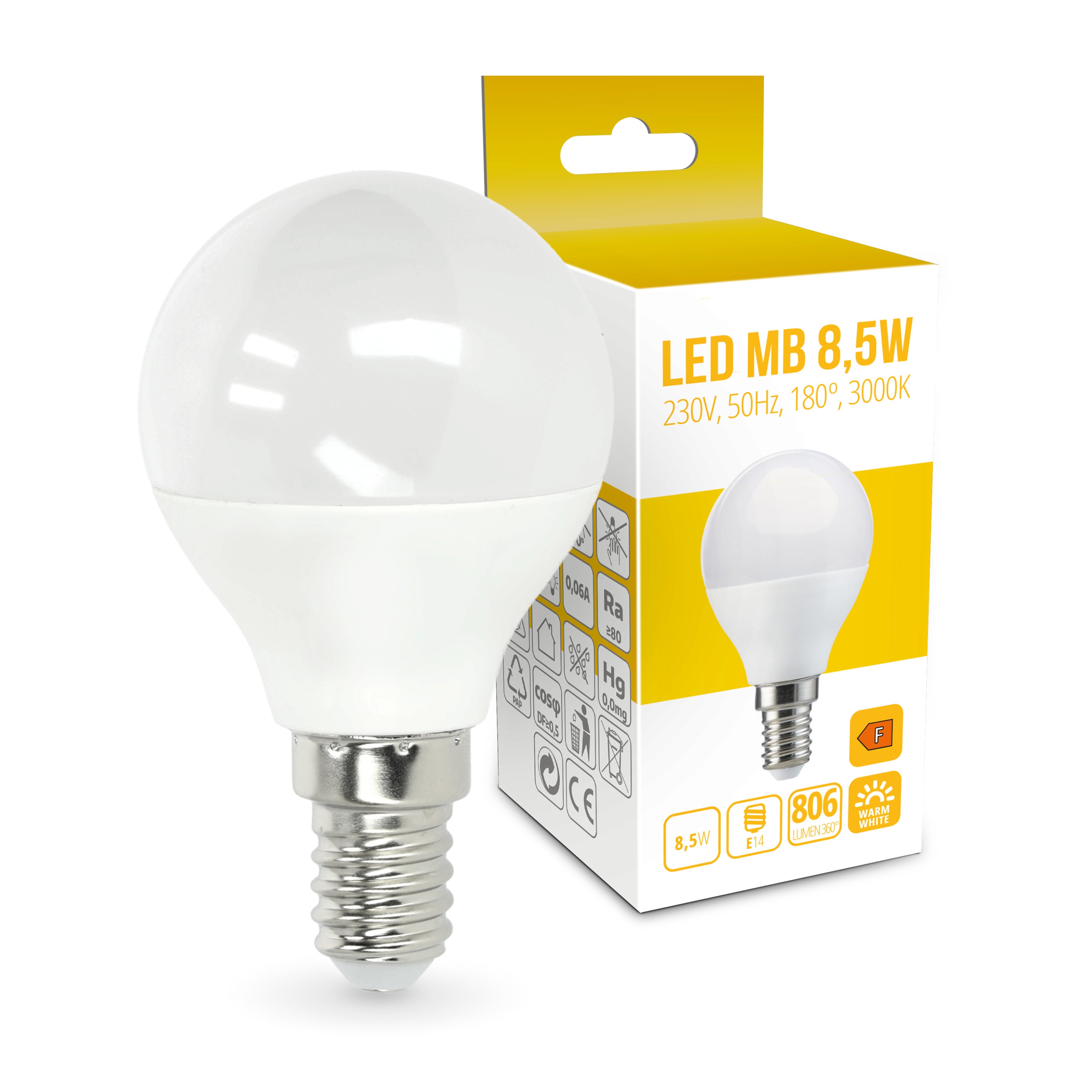 Żarówka LED MB 8,5W Barwa Ciepła Biała E14 3000K 180 stopni 806lm