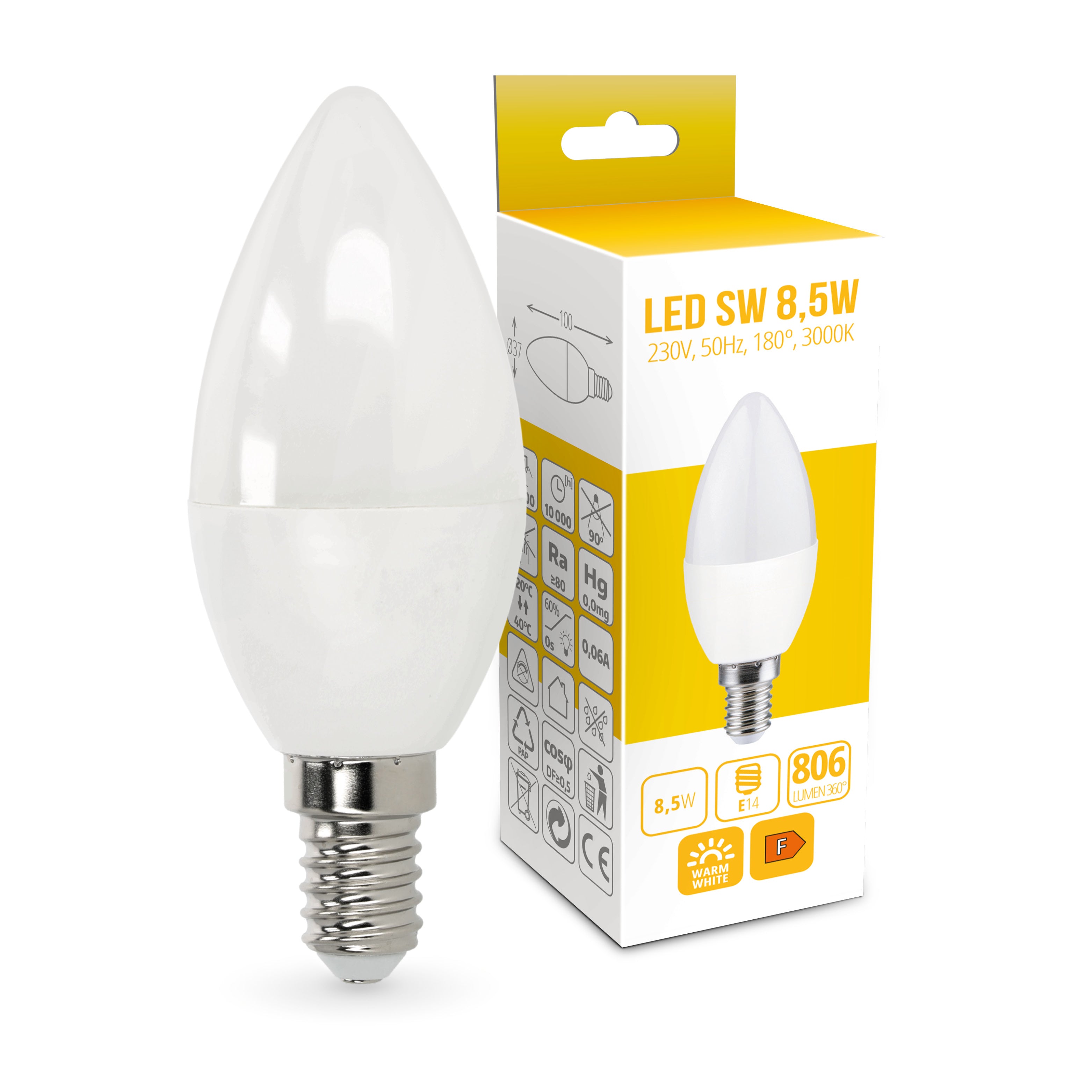 10x Żarówka LED SW E14 8,5W Barwa Ciepła 3000K 806lm Żarówka Świeczka