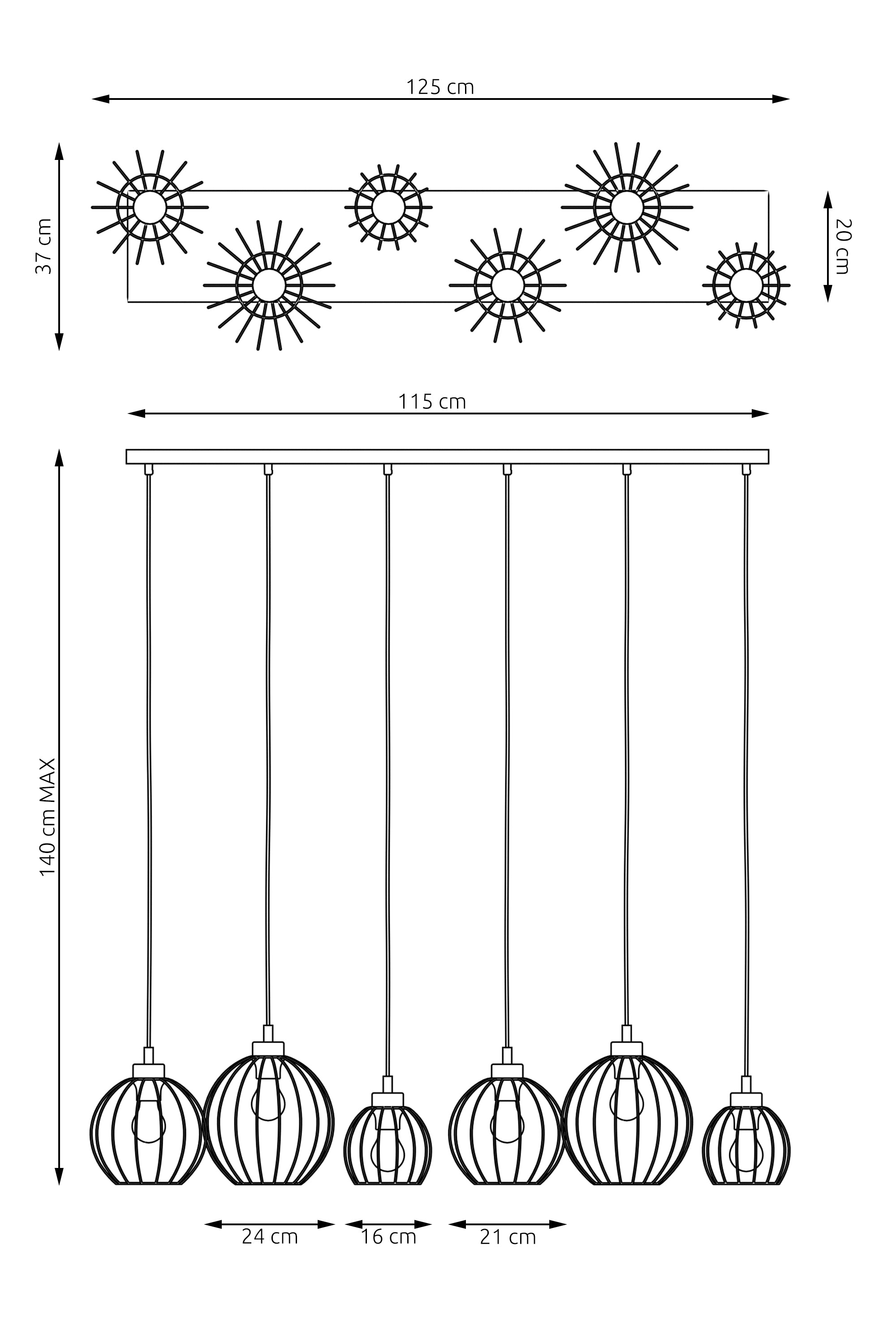 Lampa Sufitowa Wisząca DUŻA LIMA 6-punktowa E27 LOFT Czarno-Złota Do Salonu