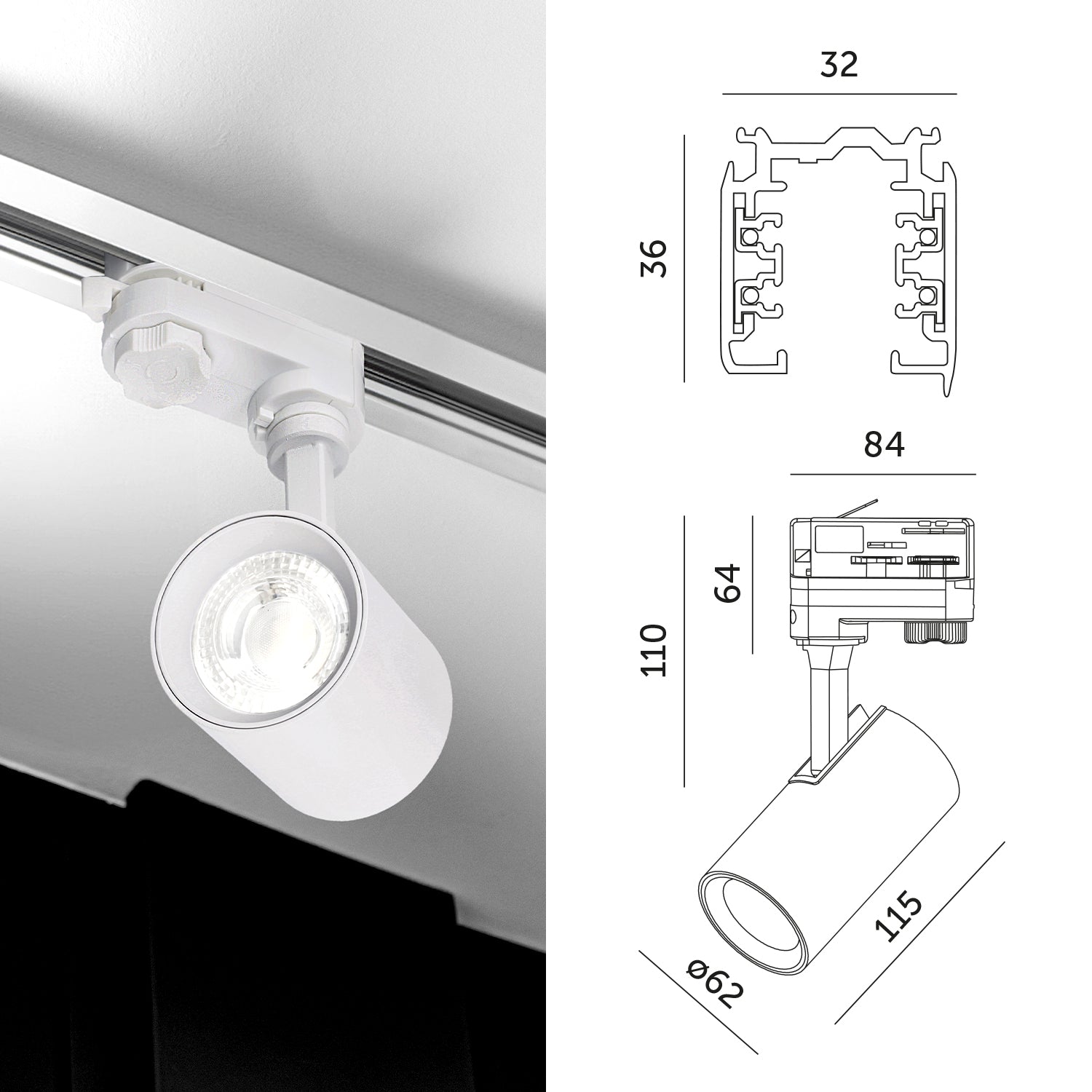 Zestaw szynowy 3 fazowy szyna 1m+2m, I zew., 7x Lampa, 2x zaślepka BIAŁY