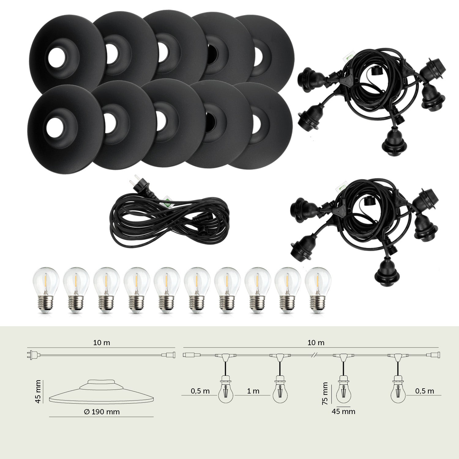 ZESTAW CRETE 2x Girlanda ogrodowa 5m + kabel 10m + 10x klosz czarny M2 +LED