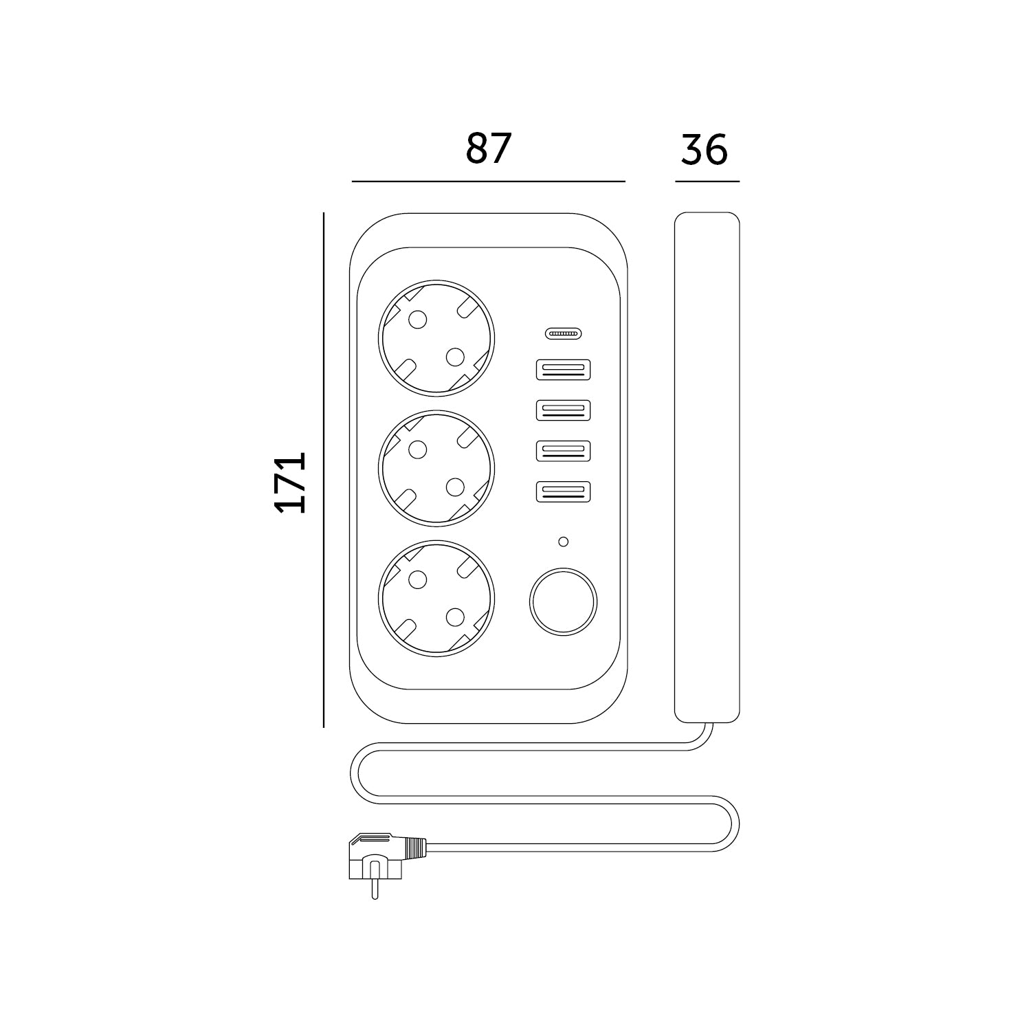 Przedłużacz Listwa Zasilająca 3m 3gn + 4x USB-A + USB-C Wyłącznik Czarny