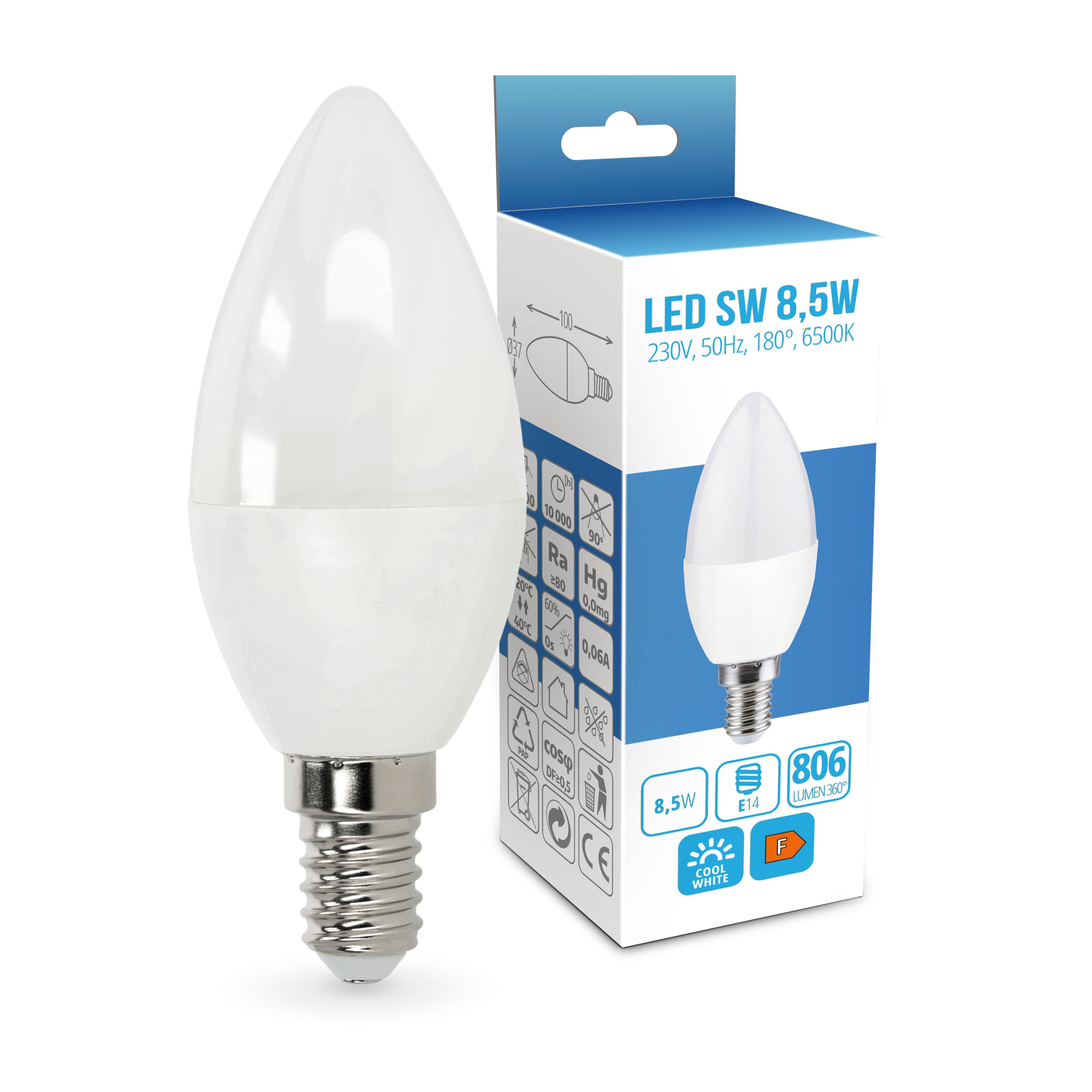 10x Żarówka LED SW E14 8,5W Barwa Zimna biała 6500K 806lm Żarówka Świeczka