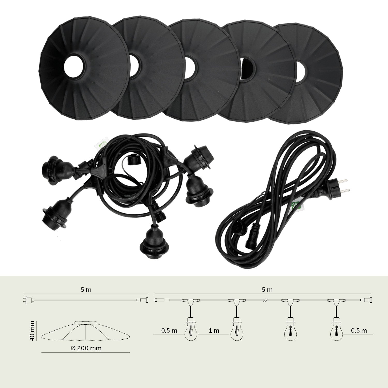 ZESTAW CRETE Girlanda ogrodowa 5m + kabel 5m + 5x klosz czarny M1